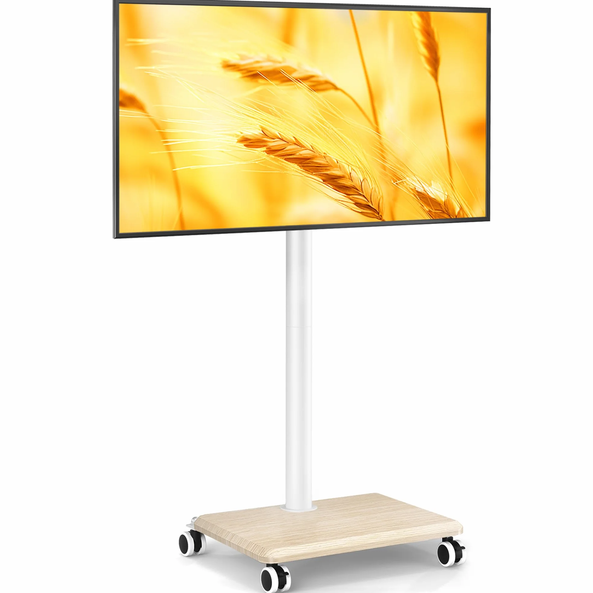 Soporte de TV con Ruedas para Televisores de 27-65 Pulgadas, Ajuste de Altura y Giro, Base de Madera, VESA 400x400mm, 40kg, Beige