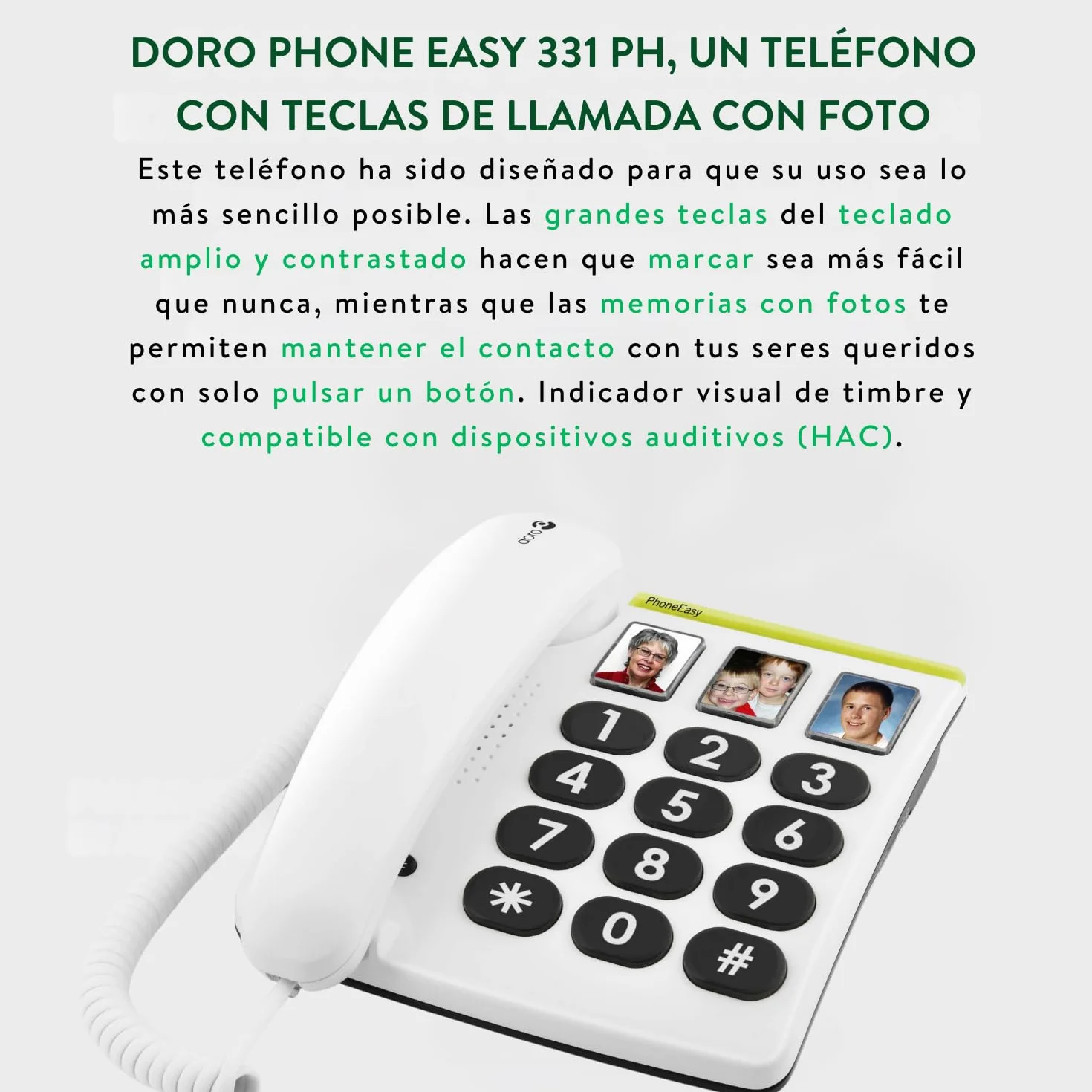 Doro PhoneEasy 331ph Teléfono Fijo con Cable para Personas Mayores Teclas Grandes Marcación Rápida Compatible Audífonos Blanco