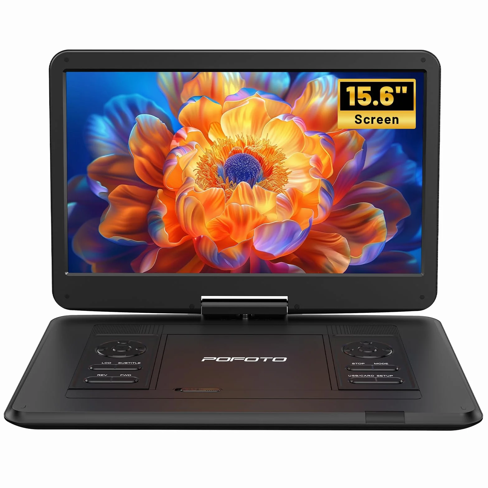 POFOTO Reproductor de DVD Portátil de 17.5" con Pantalla Giratoria HD 15.6'' - 6h Batería, Soporta Multiformato/SD/USB, Sin Zonas, Sincroniza TV/Proyector, Antishock y Memoria, Altavoces Duales, Mando