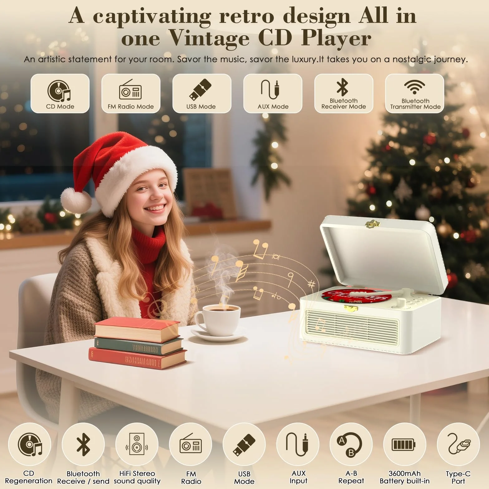 Reproductor de CD Portatil Bluetooth: Kegaudio Reproductor CD con Altavoces Radio y Mando a Distancia Soporte Reproducción USB/AUX Toma de Auriculares PU Blanco