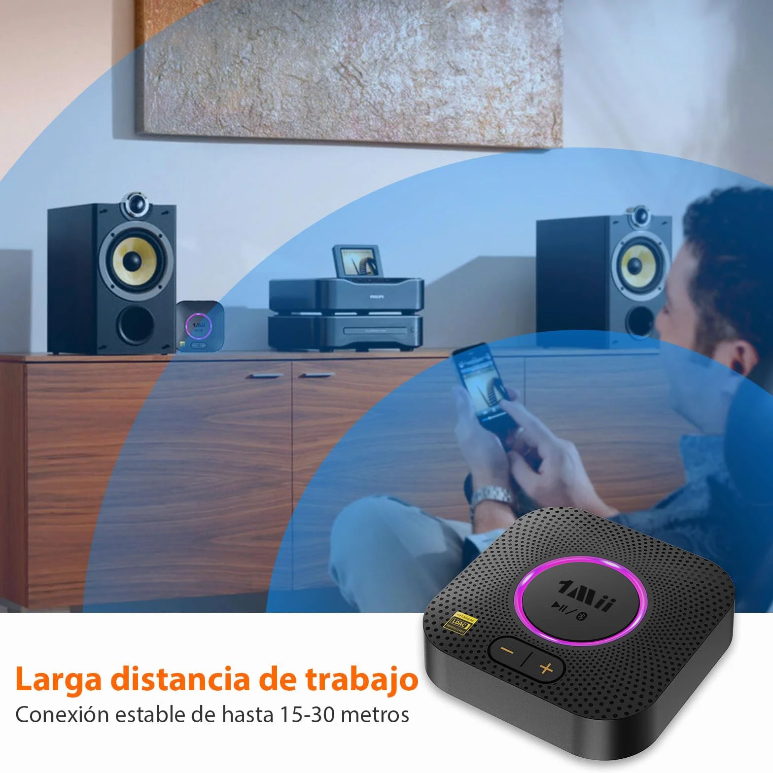 1Mii B06S+ LDAC Receptor Bluetooth 5.3 HiFi, Adaptador Audio Bluetooth con aptX Baja Latencia & HD, Salida RCA/AUX 3.5mm Jack, Control Volumen, 100ft Receptor de Largo Alcance para Estéreo Doméstico
