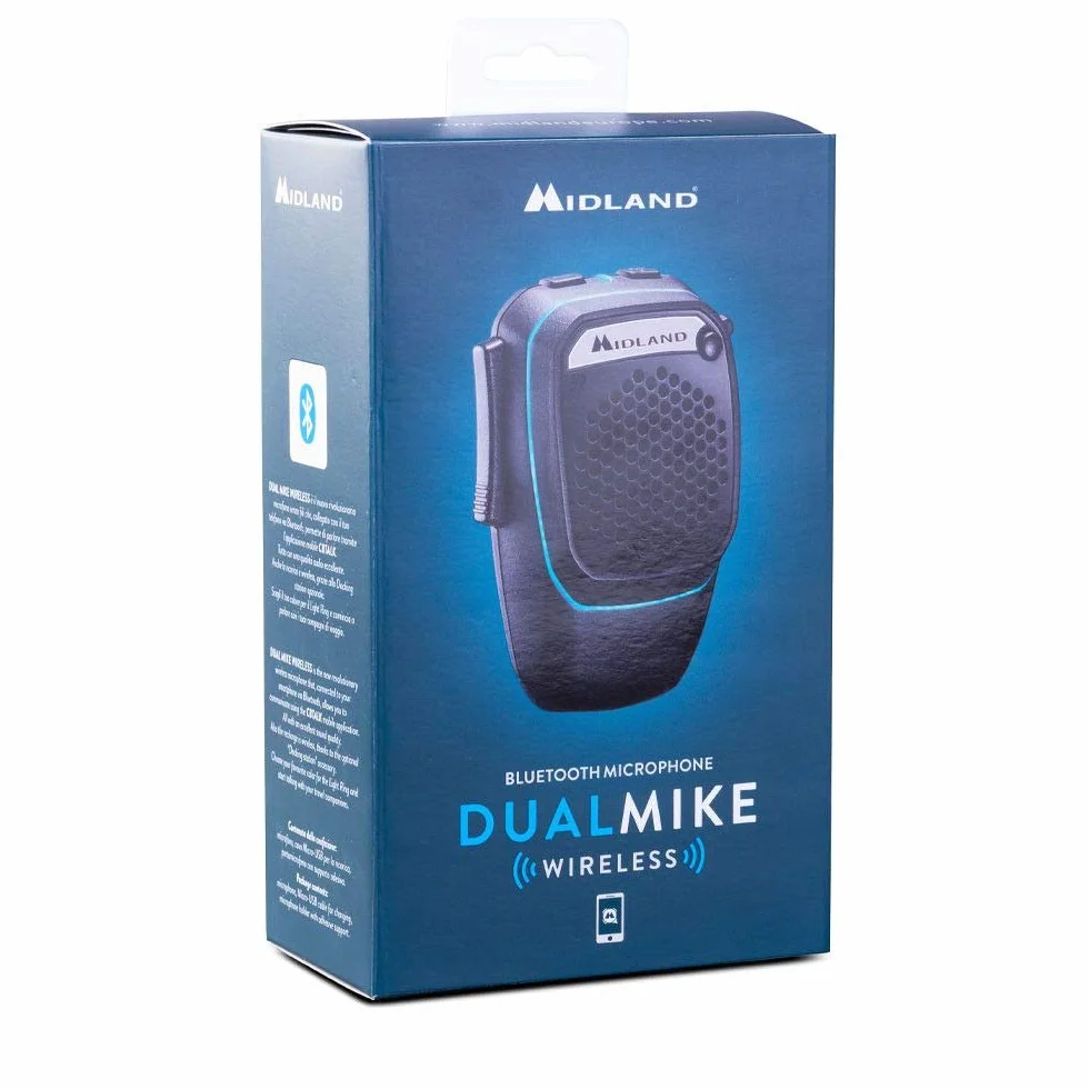 Midland - Micrófono Inalámbrico Bluetooth Dual Mike para CB Talk y Altavoz para Camión/Coche/Camper con Modo Analógico y Digital, Altavoces Super Bass 3W, DSP, Soporte y Aro de Luz, Cable USB de Carga