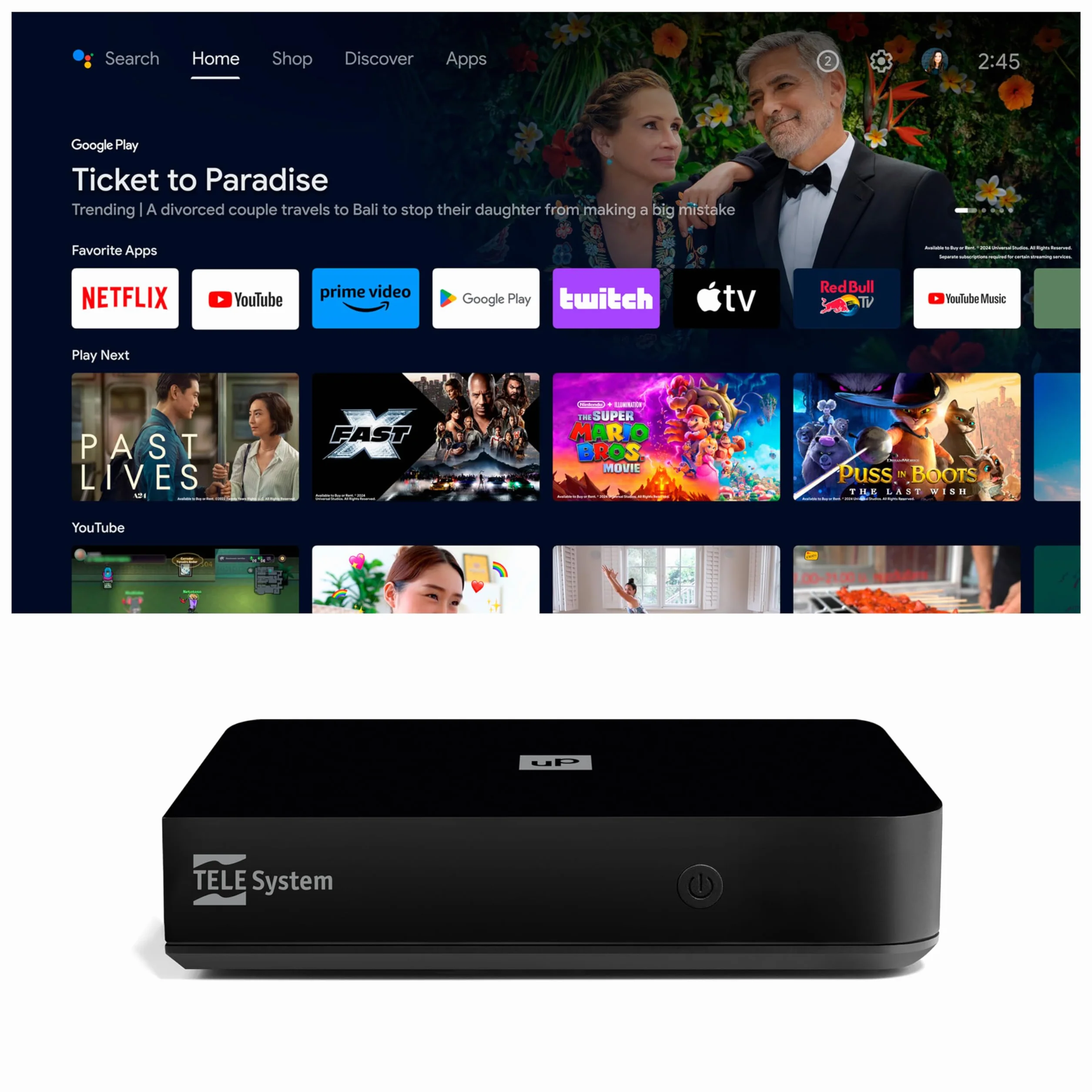 TELE System Sistema TELE UP T2 4K Decodificador Digital Terrestre Android TV 4K Ultra HD Certificado por Google