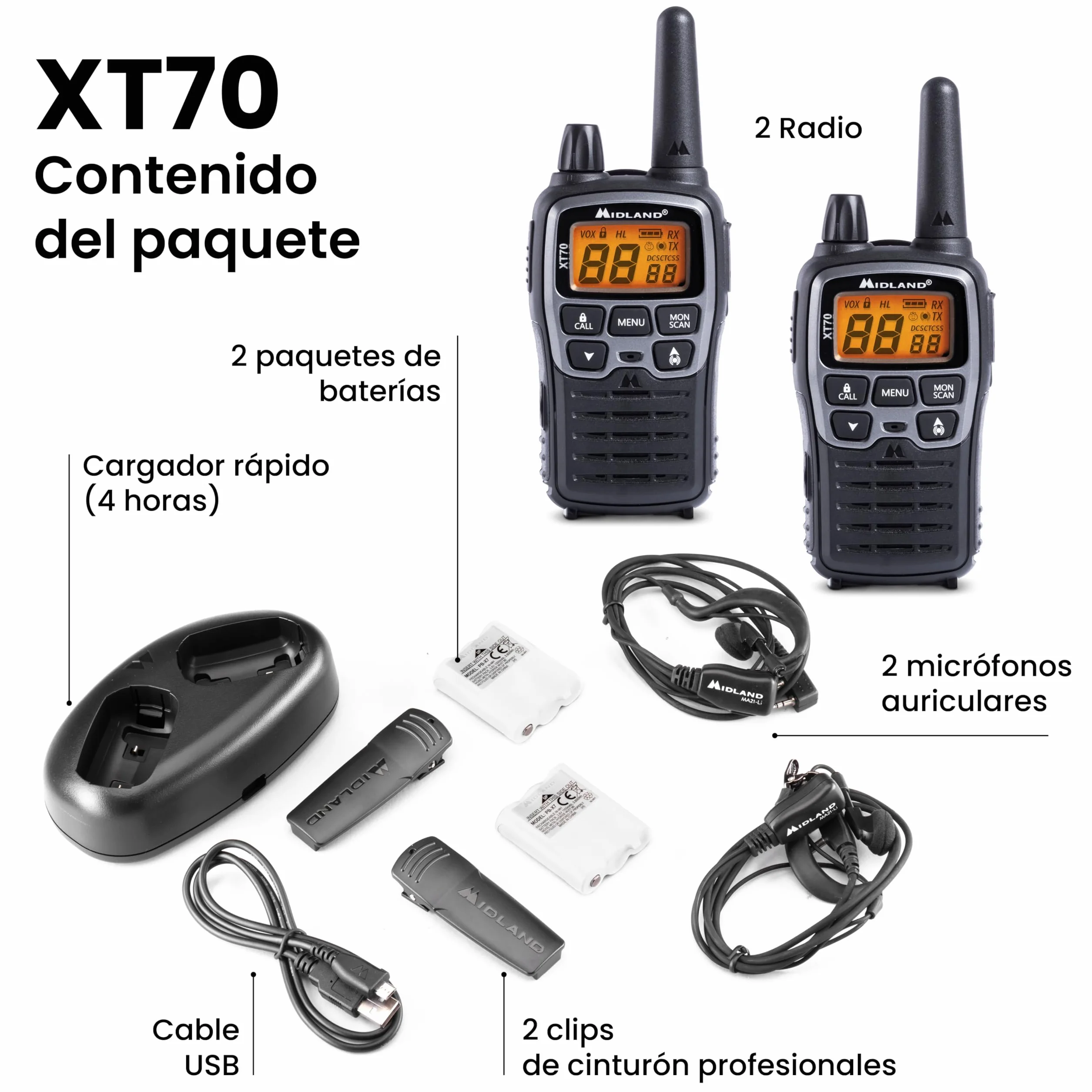 Midland C1180 XT70 - Walkie Talkie Profesional de Doble Banda con Carga Rápida - Gris - Formato 69 LPD y 24 PMR446, 12 km de Alcance, 38 Tonos, 83 Códigos - Set de 2 Transceptores