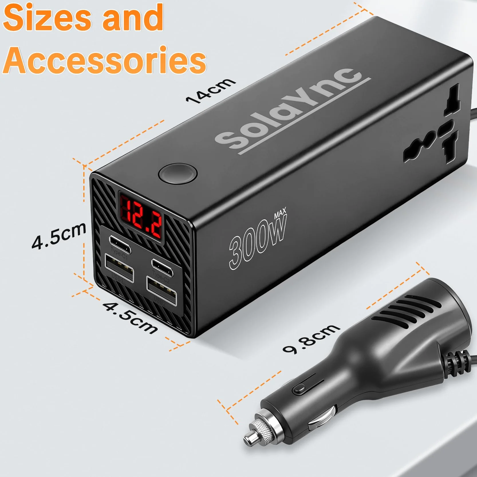 300W Convertidor de tensión para vehículos de 12 V/24 V a 230 V, con enchufes internacionales y Pantalla LED, 2 Puertos USB-A y 2 Puertos USB-C, Apto para Coches, Barcos y caravanas.