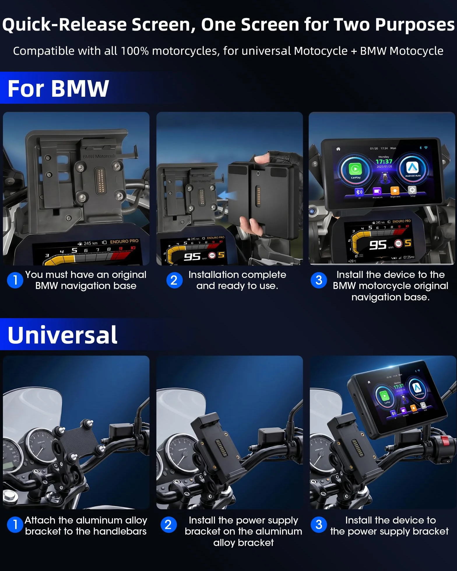 Universal Carplay Moto Soporte Adaptador Corriente GPS Navegador 5 Pulgadas Pantalla Táctil Impermeable 1000 nit Android Auto