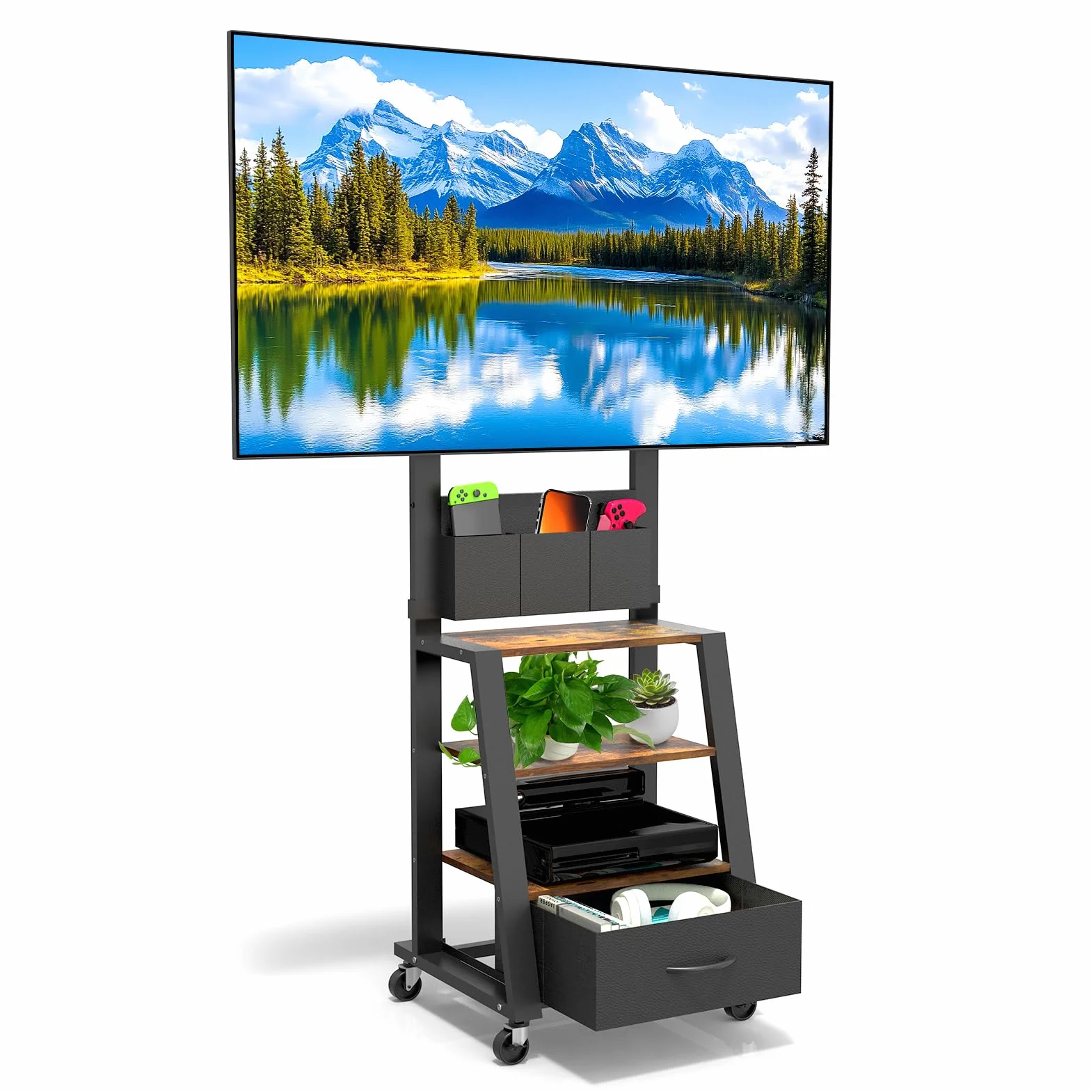 Soporte de TV con Ruedas, cajón y Almacenamiento, para TV Planas/Curvas de 23"-60", hasta 72kg, Altura Ajustable, Carrito móvil para TV, para hogar, Oficina, Exteriores, VESA máximo de 400 x 400mm