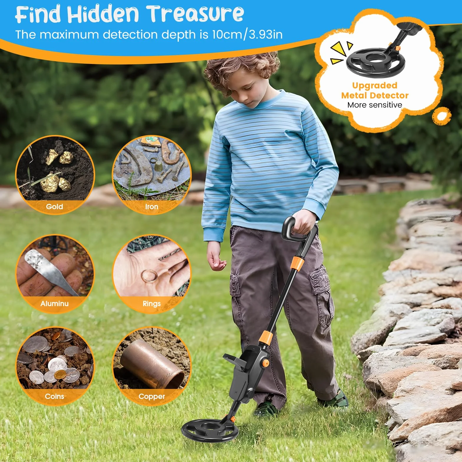 Detector Metales Niños, Ligero Detector de Metales para Niños con Pantalla LCD y Bobina de Búsqueda Impermeable, Metal Detector for Kids de Alta Sensibilidad con Pala, Rastrillo y Bolsa