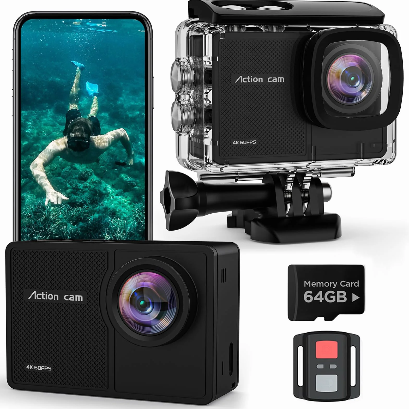 Cámara Deportiva 4K 60FPS 48MP WiFi con Tarjeta SD 64G, 170° EIS, Subacuática 40M, 2 Baterías 1350mAh