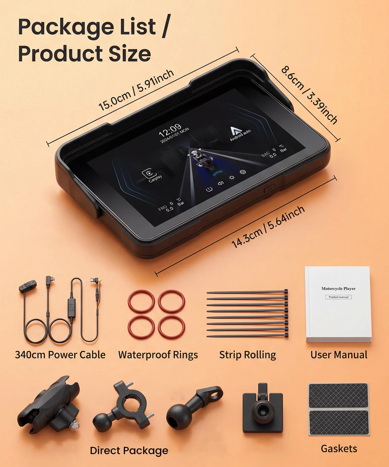 Rimoody 5 Pulgadas Carplay Pantalla para Moto con Control en el Manillar Soporte Desmontable, Pantalla CarPlay & Android Auto Inalámbrica para Motos, Radio Car Play Wireless Bluetooth Impermeable IP68