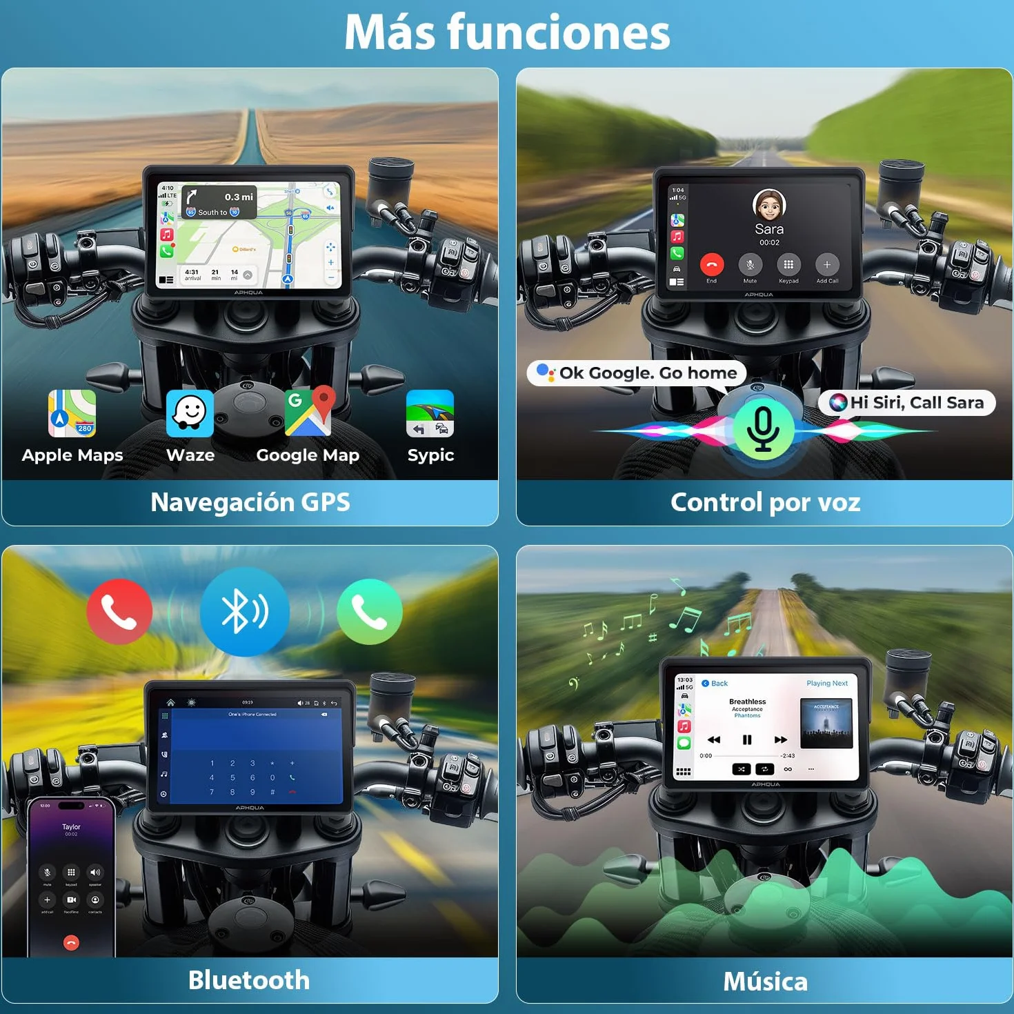 CarPlay Moto Soporte Forma U 7" Pantalla Táctil Impermeable Bluetooth GPS Navegación Android Auto Inalámbrico