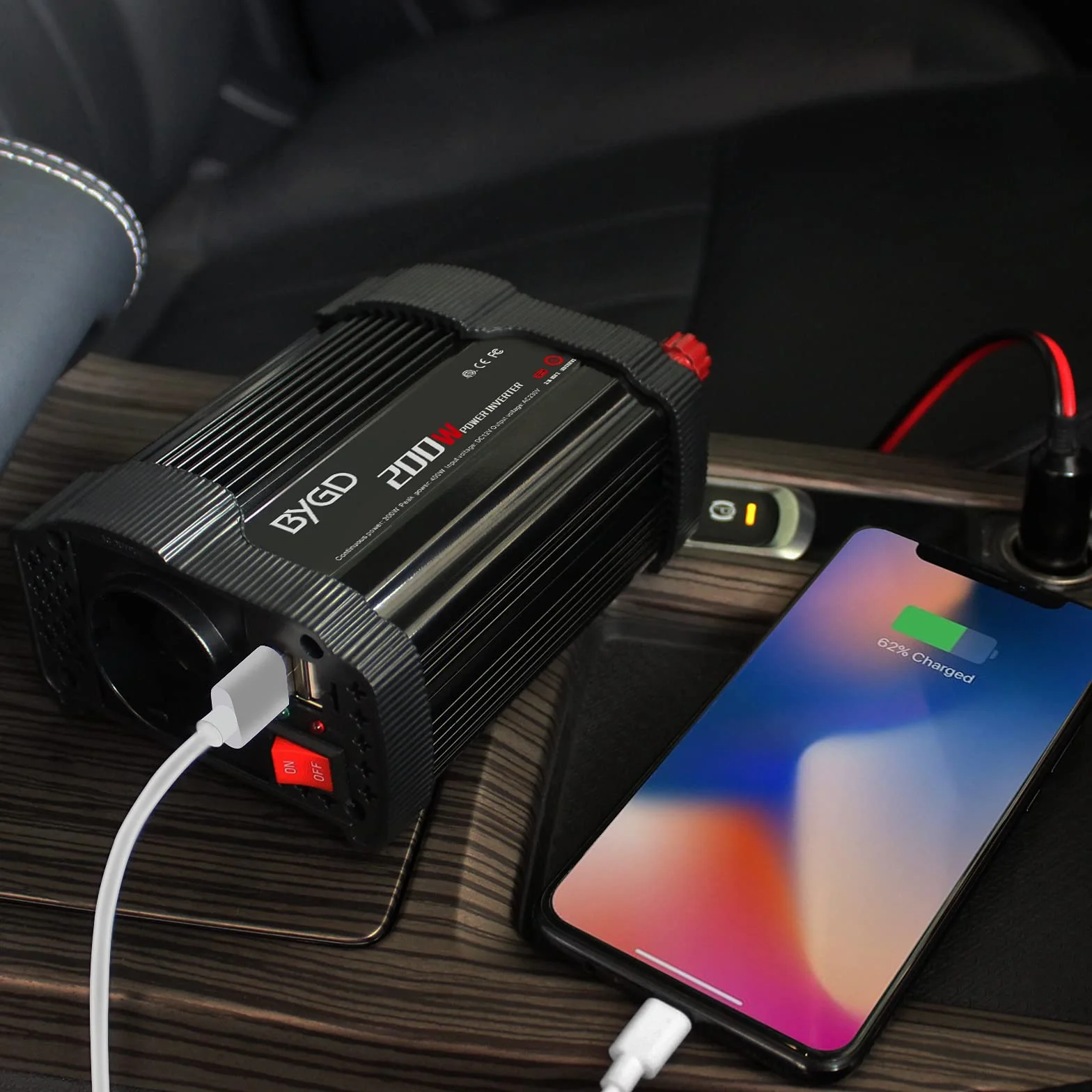 BYGD Inversor de Coche 200W/400W 12V DC a 220V 230V AC, Convertidor con Adaptador de Cargador de Coche Rápido USB Dual 3.1A, para iPad, iPhone, Tablet, Consolas y Cámping