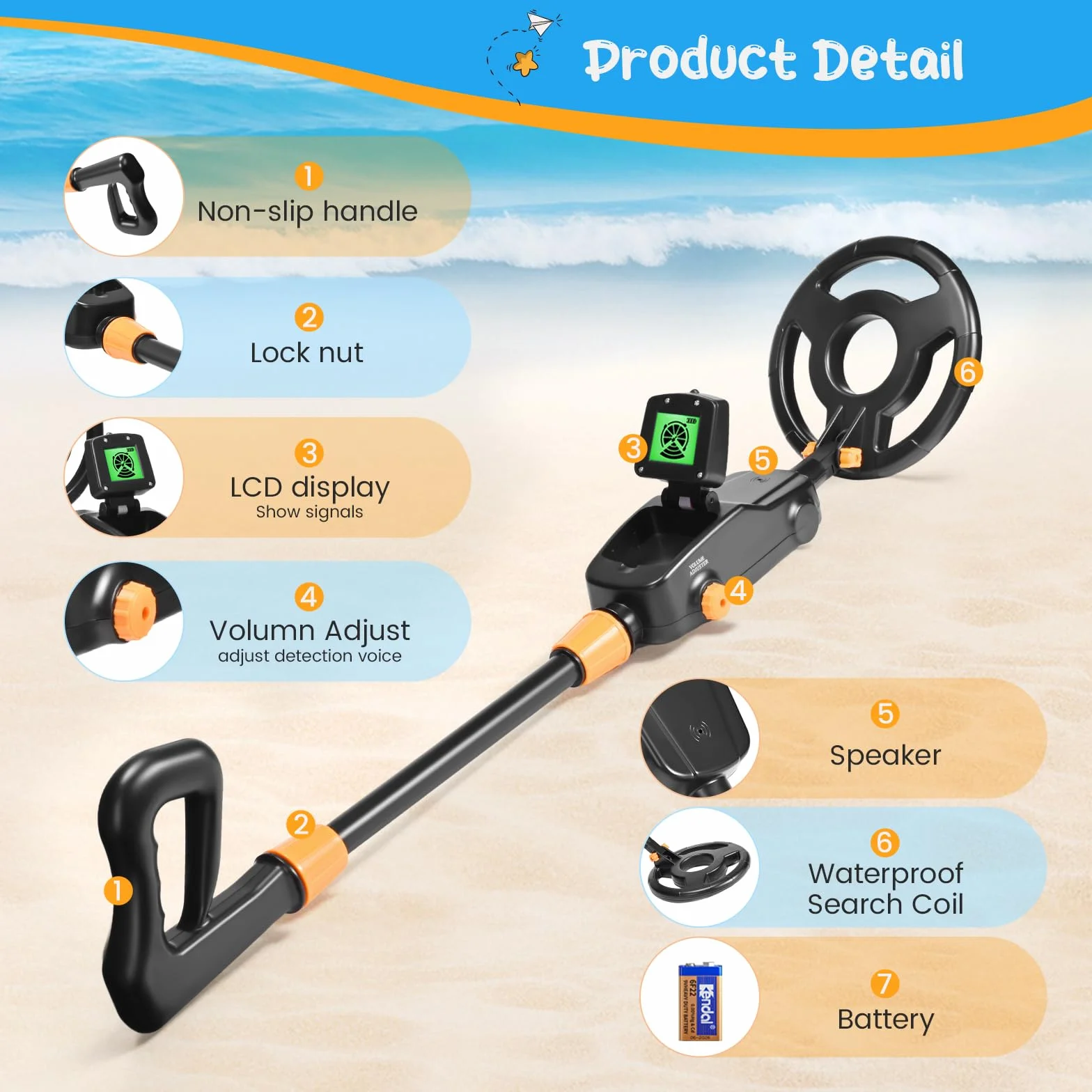 Detector Metales Niños, Ligero Detector de Metales para Niños con Pantalla LCD y Bobina de Búsqueda Impermeable, Metal Detector for Kids de Alta Sensibilidad con Pala, Rastrillo y Bolsa