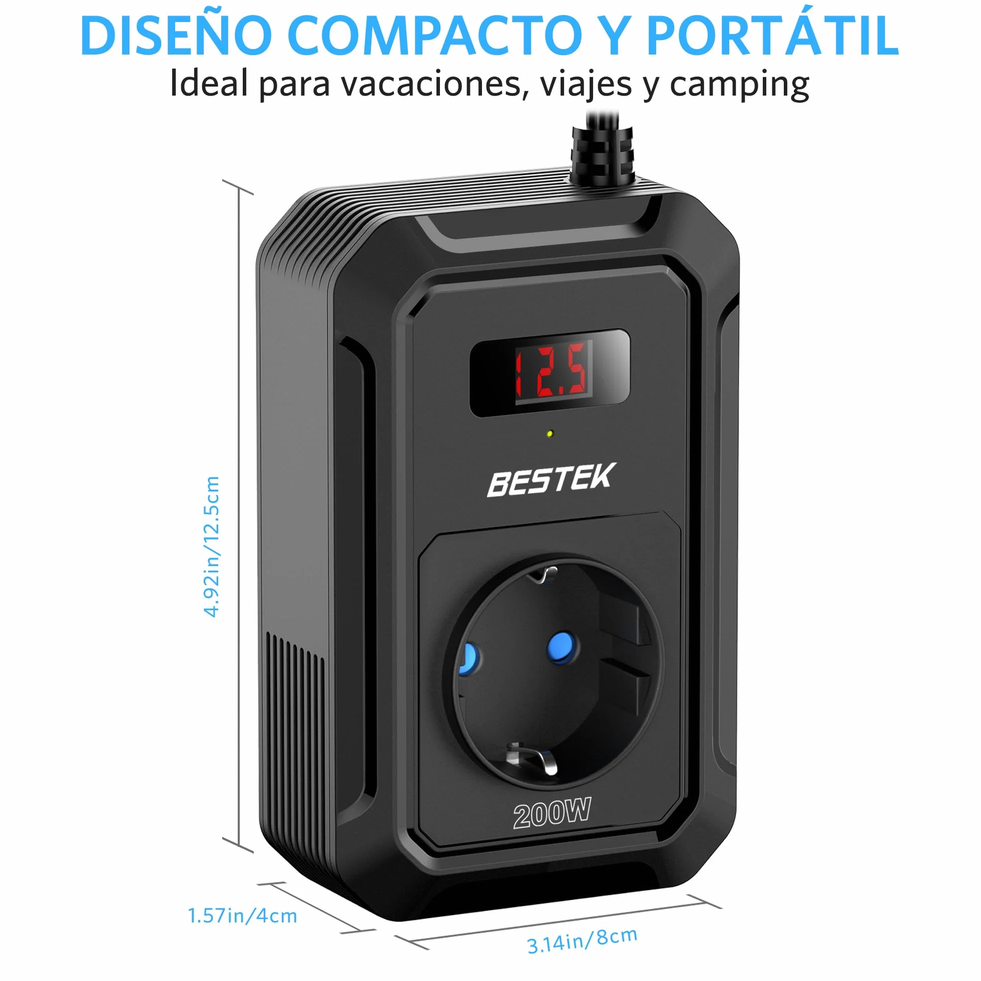 BESTEK Inversor 12v 220v Onda Pura 200W,Transformador 12V a 220V Convertidor Onda con 2 AC Tomas Y 2 USB-C (65 W y 30 W) 2 USB-QC (18 W) sinusoidal con Protección para Barco,Caravana,Coche（Negro）