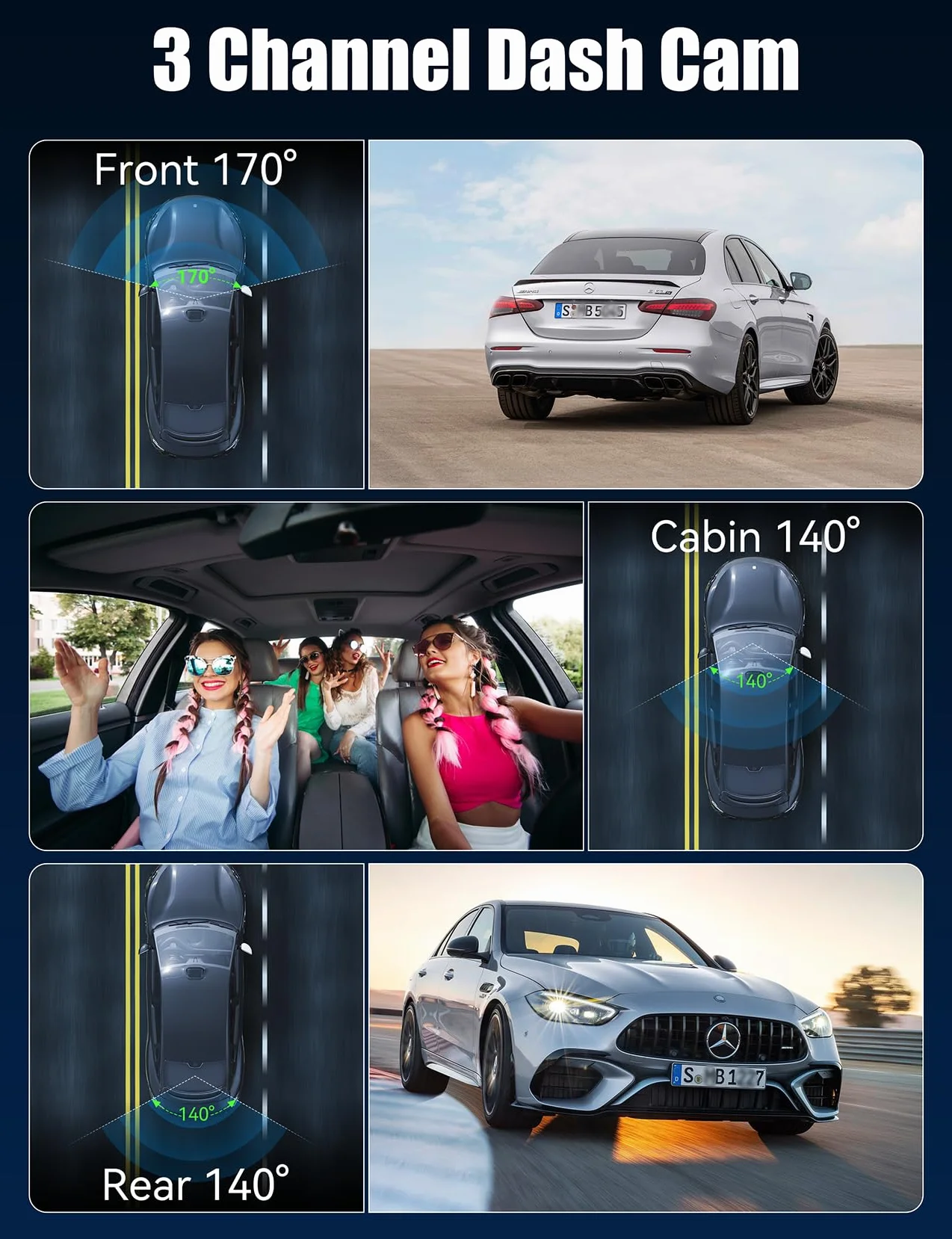 3 Canales Dash CAM Coche, 4K+1080P Camara Coche con WiFi & App Controlcon, Tarjeta 64G, Super Visión Nocturna, Gran 170°, WDR, Grabación de Bucle, G-Sensores, Monitor de Aparcamiento (Negro)
