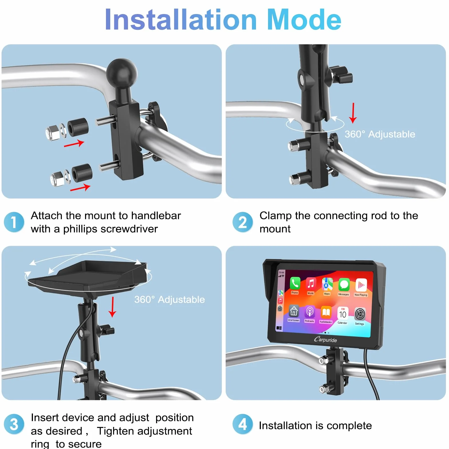 Carpuride W702 Pantalla GPS Carplay 7 Pulgadas Motocicleta CarPlay Inalámbrico Android Auto Pantalla Táctil Impermeable Bluetooth Navegación