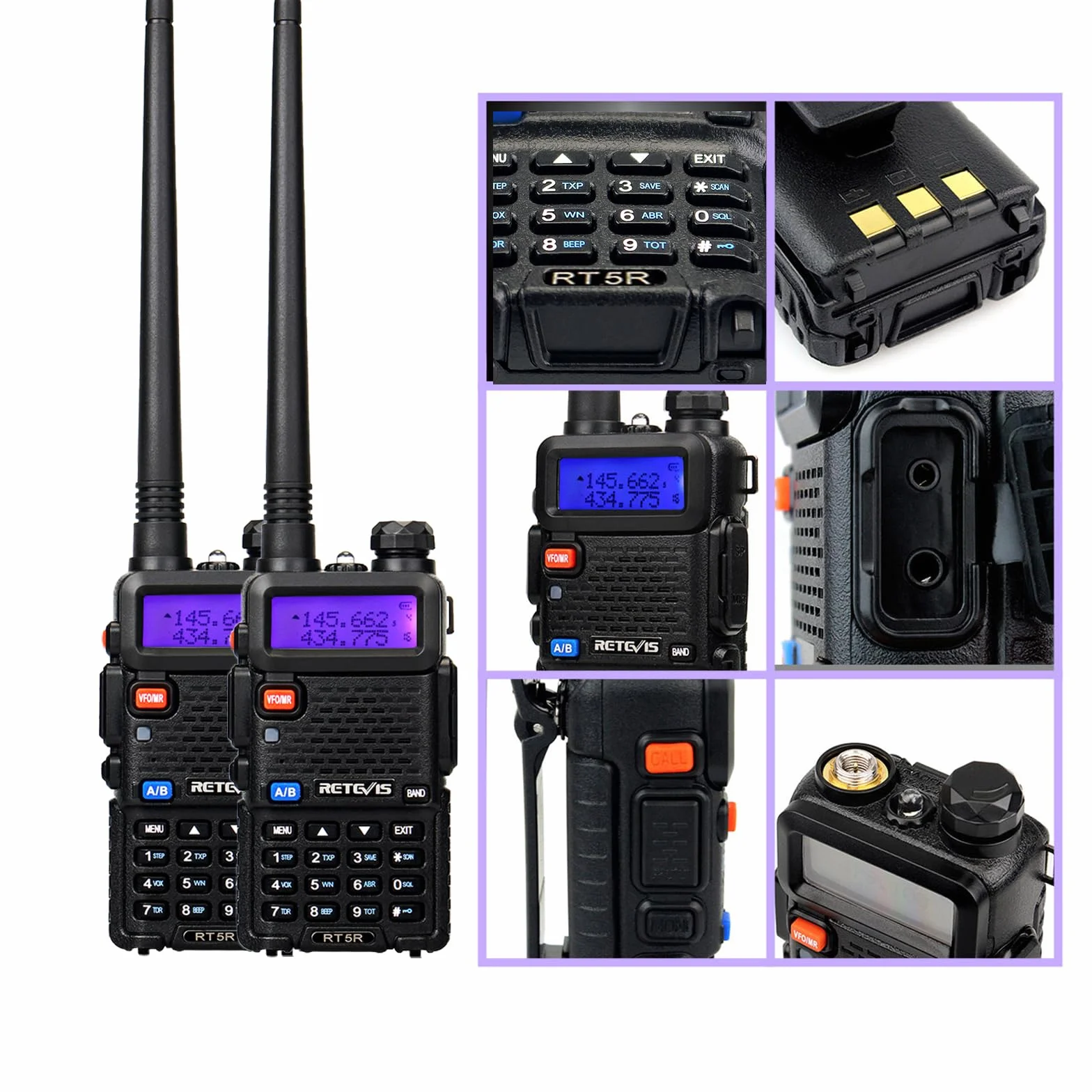 Retevis RT5R Walkie Talkie Profesional, Largo Alcance Walkie Talkie Doble Banda con Cargador de USB, 128 Canales Radio VOX FM Walkies Portátil de Mano para Almacén (RT5R (2 Piezas))