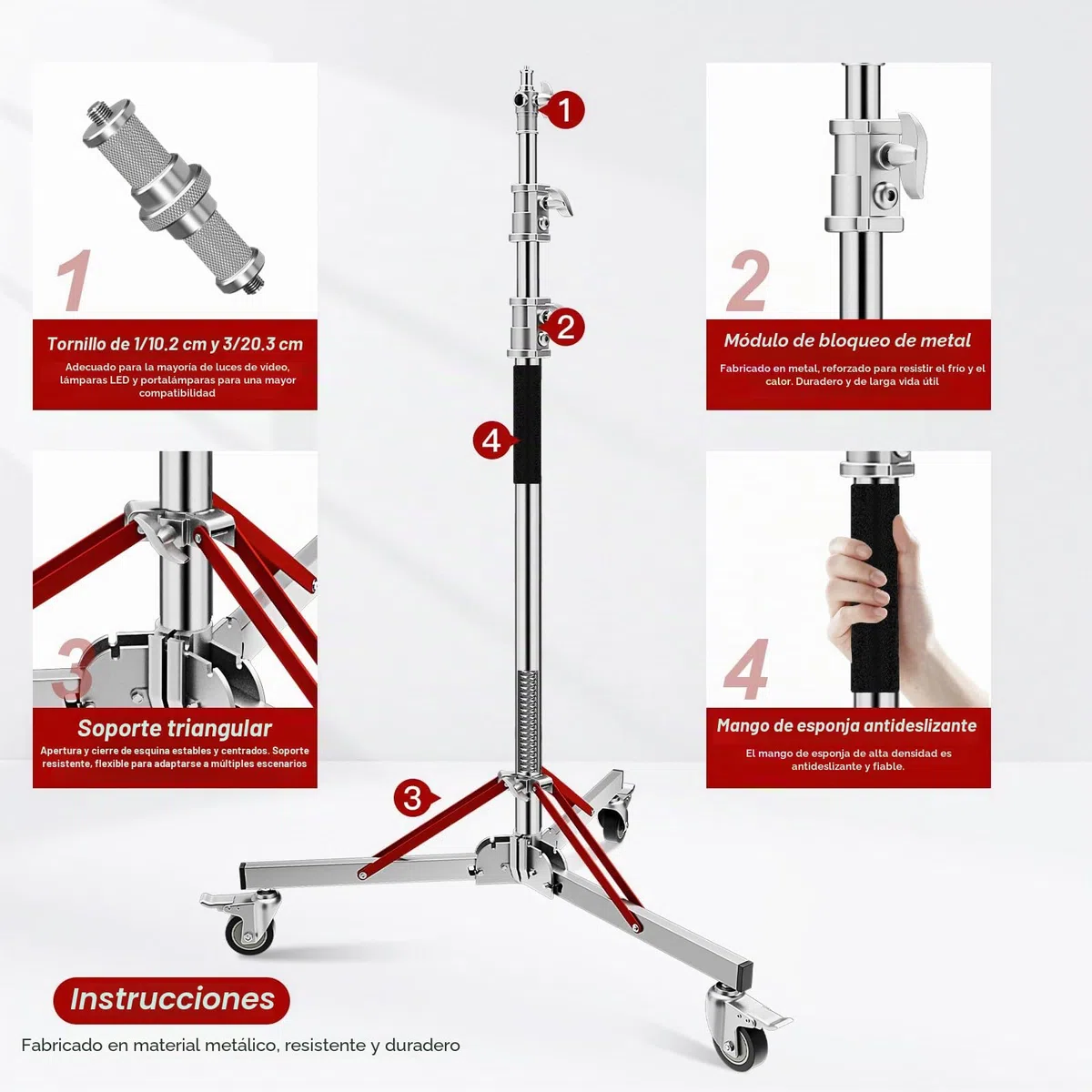 Soonpho WS-300 Pro Light Stand 100% Acero Inoxidable Soporte de Luz C Stand con Ruedas y Boom,Metal Heavy C-Stand Heavy Duty MAX. Altura 300 cm (9.84 pies) para Reflectores,Monolights