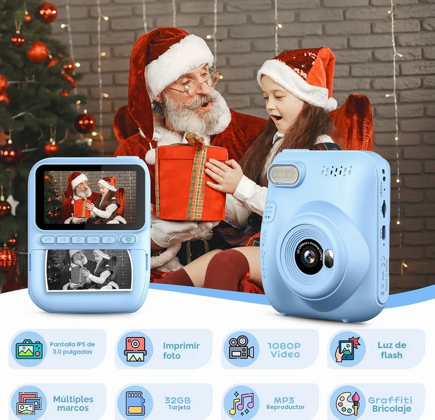 GREENKINDER Cámara Fotos Infantil Instantánea 14MP HD 1080P, 3,0 Pulgadas, con Tarjeta 32 GB y Papel de Impresión