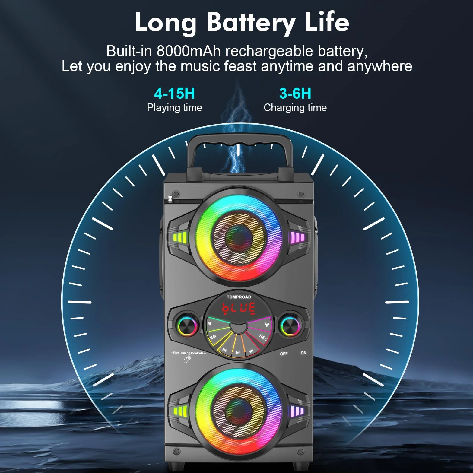 Altavoces Bluetooth, Altavoz Bluetooth inalámbrico portátil de 60 W para fiestas en casa al aire libre con subwoofer, radio FM, luces LED coloridas, micrófono, control remoto y gran potente sonido est