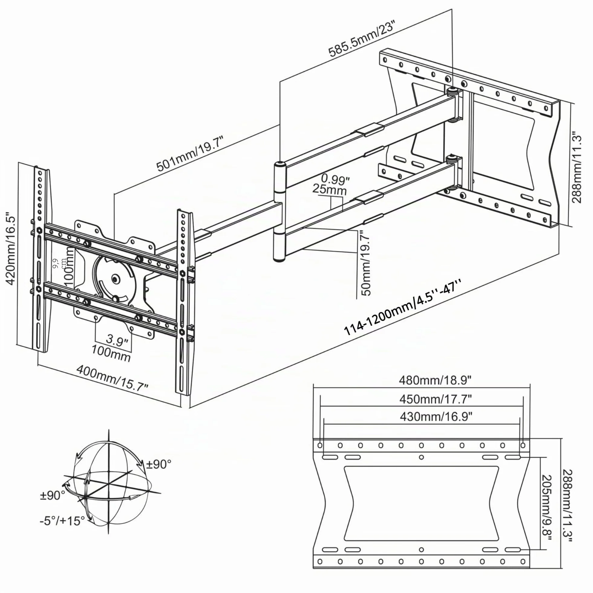 Nanook 2120 Soporte de Pared de Brazo Largo para televisores de 42 a 75 Pulgadas, Extensión Extra Larga de hasta 120 cm, Soporte de TV Que Permite Movimiento Completo, Soporta un Peso de hasta 40 kg