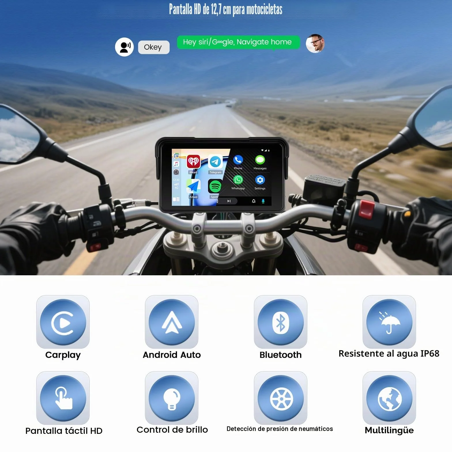 CAMECHO navegador Moto con Wireless CarPlay/Android Auto, Pantalla carplay Moto 5" HD IP68 Impermeable para Motocicletas con Car Play/Bluetooth/detección de presión