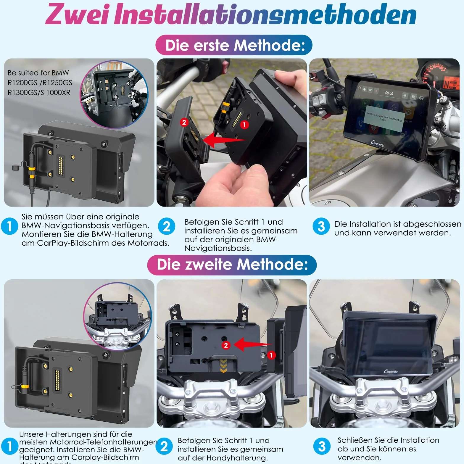 Carpuride W502B Pantalla Carplay BMW Motocicleta R1200GS R1250GS S1000XR, 5 Pulgadas Táctil Impermeable, Navegación GPS Portátil Carplay/Android Moto Bluetooth Dual