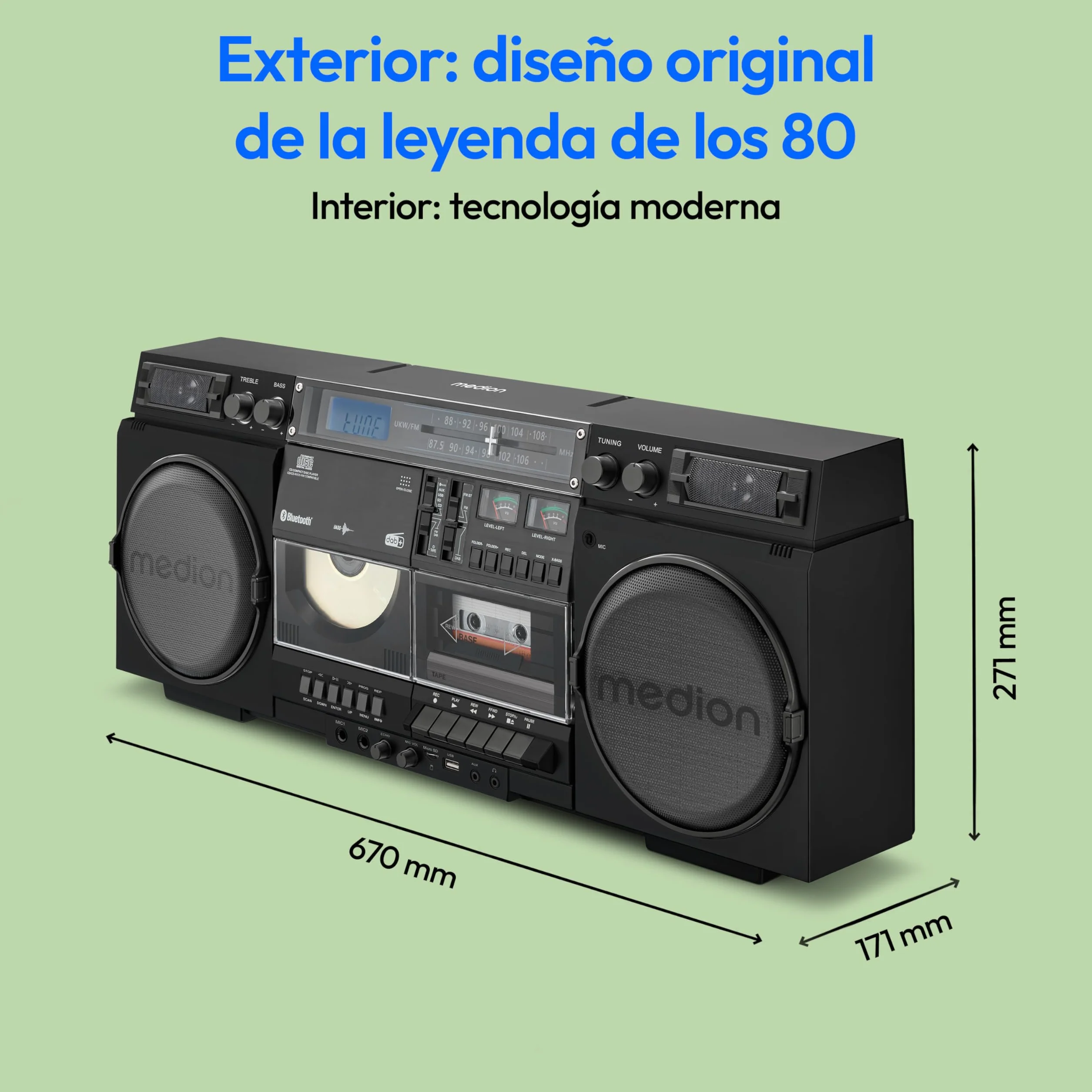 MEDION Ghetto Blaster Vintage DAB+ CD/Cassetta USB MP3 2x10W RMS Nero
