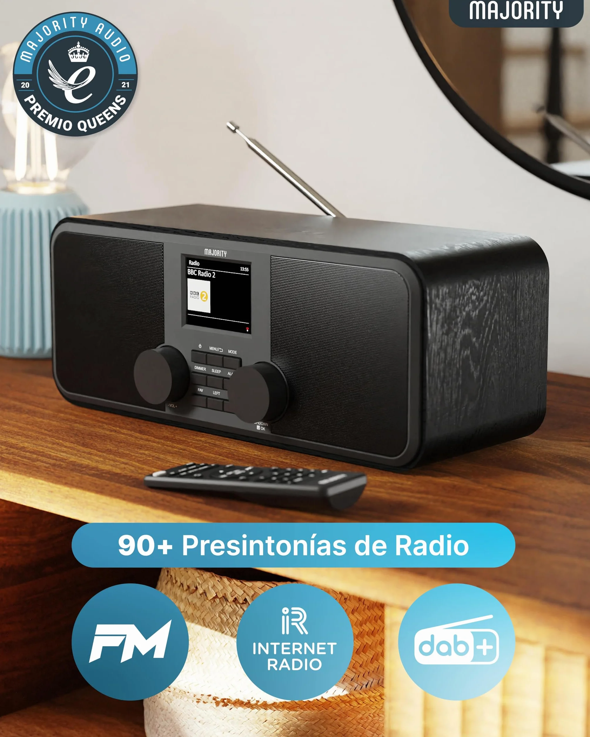 Radio Internet WiFi con Bluetooth | Radio Dab+ y FM | 2.0 Altavoces Estéreo | Spotify Connect y Podcasts | Mando a Distancia Incluido o Control con la Aplicación OKTIV | MAJORITY Rostock