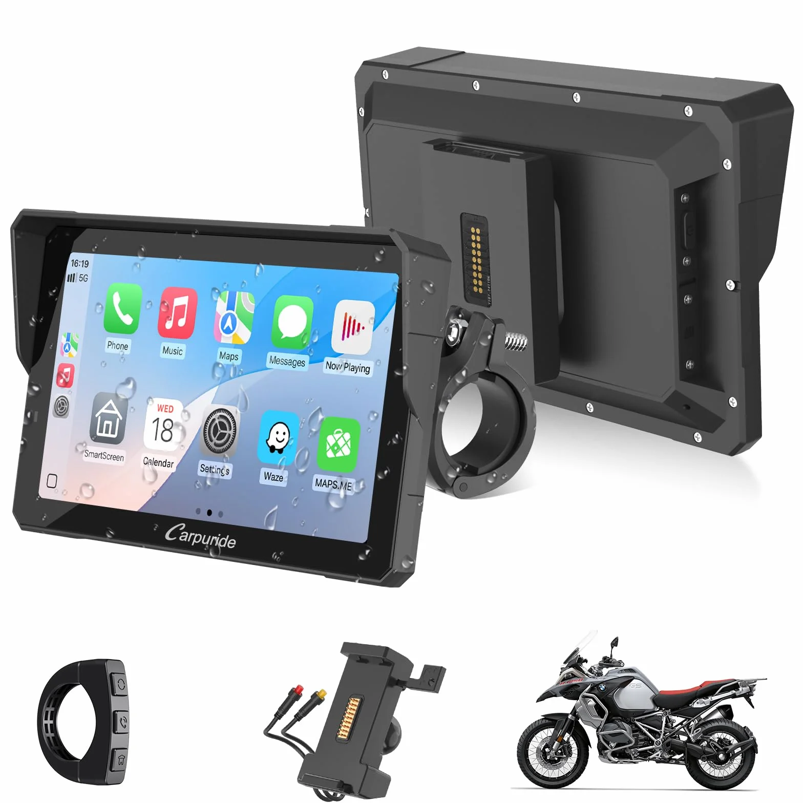 CARPURIDE W702S Pro Motocicleta CarPlay 7" Impermeable Táctil Pantalla Inalámbrico Android Auto Dual Bluetooth