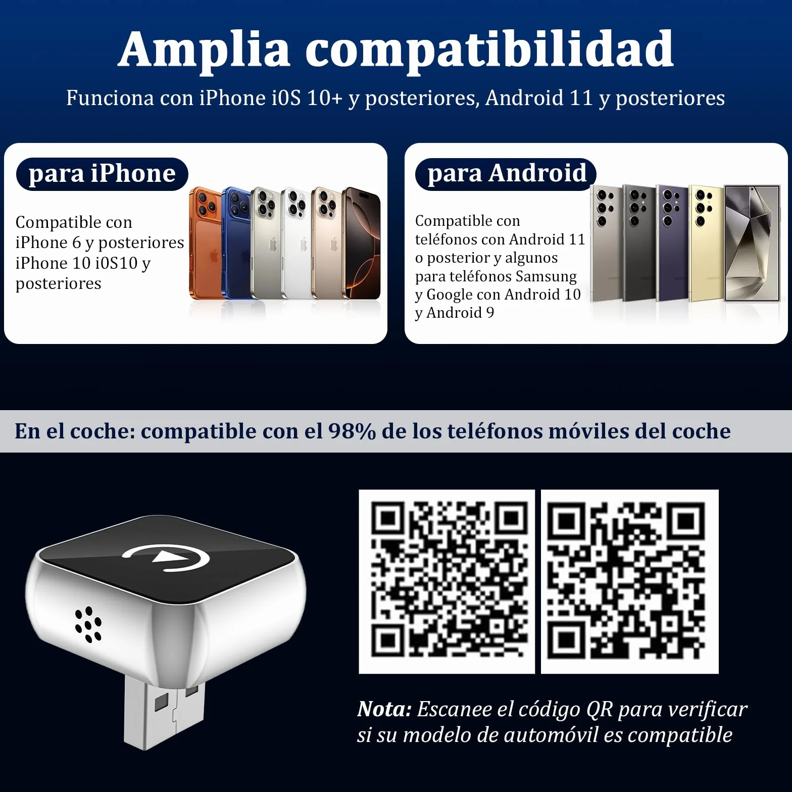 Adaptador Inalámbrico 2 en 1 CarPlay Android Auto USB A/Tipo-C Compatible iPhone 6+ iOS 10+ Android 11+ Plug & Play Acero