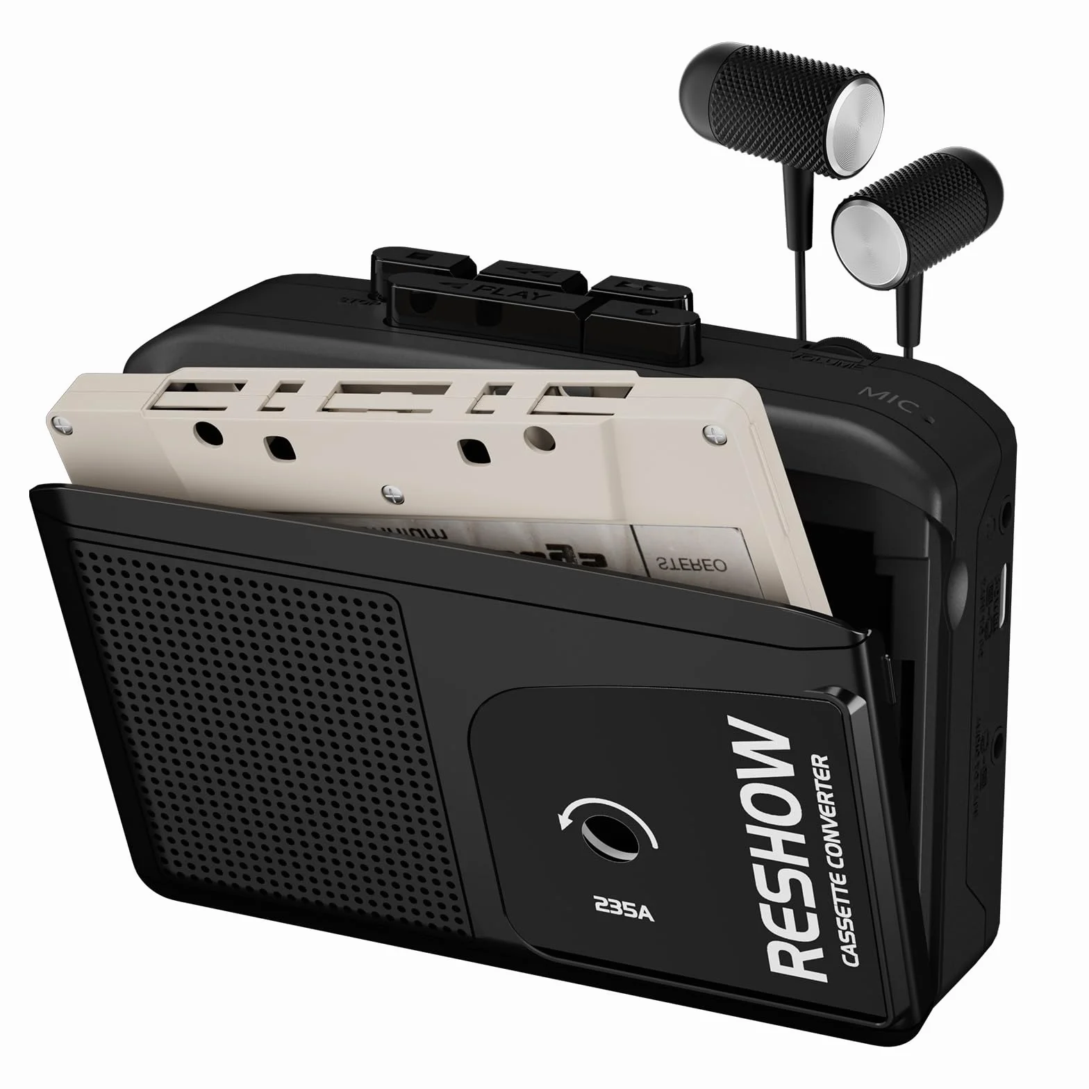 Reshow Grabadora de Casete Portátil Convertidor USB a MP3 con Micrófono y Altavoz, Auriculares Incluidos Negro