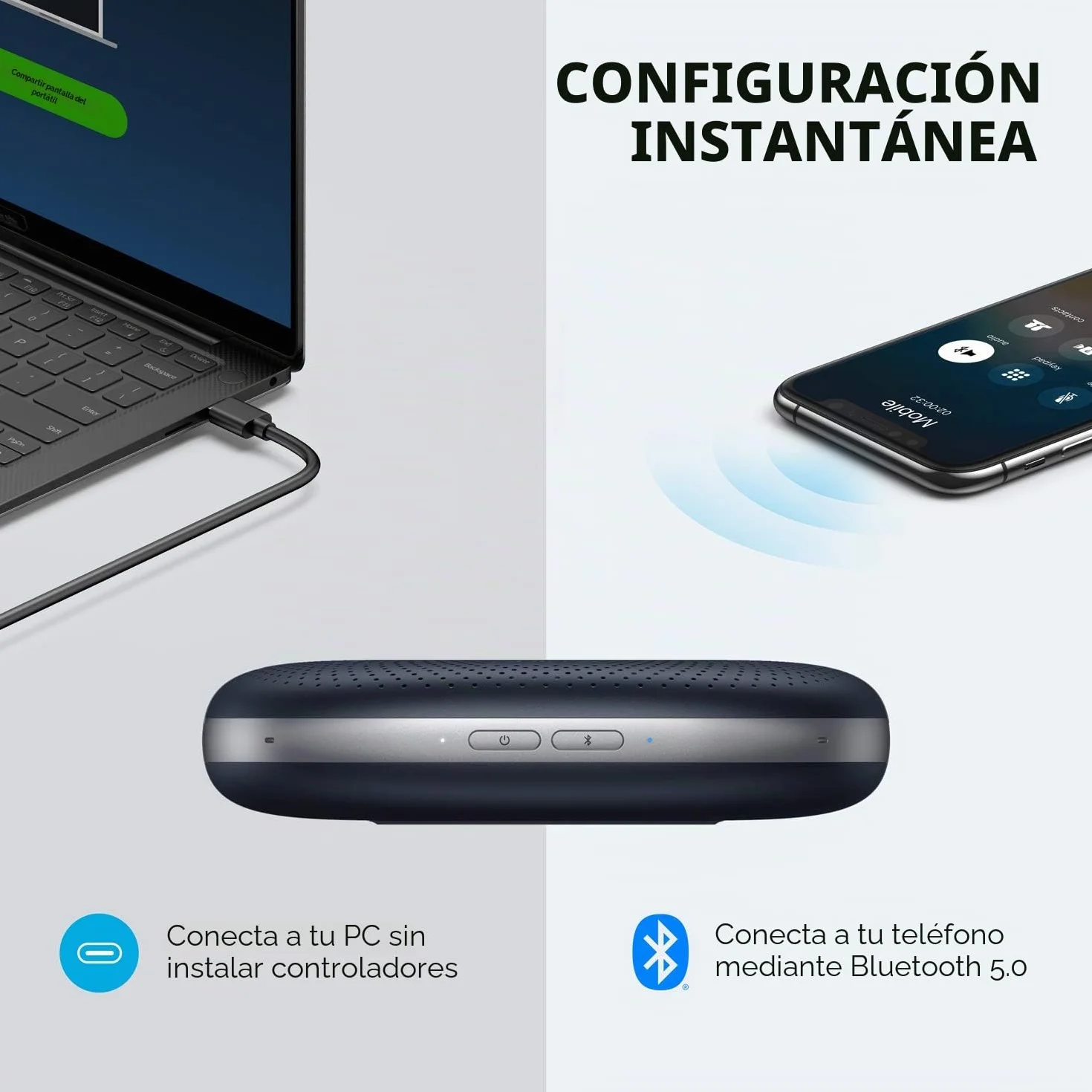 Anker PowerConf Altavoz Bluetooth Conferencias 6 Micrófonos Integrados Captación Voz Mejorada 24H Autonomía USB-C