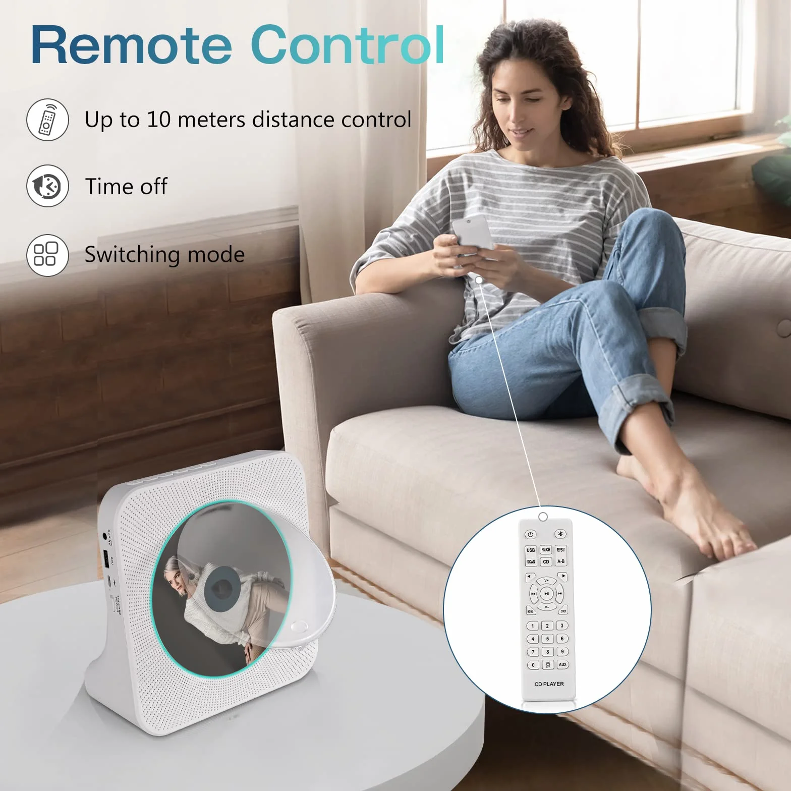 Reproductor CD Bluetooth con diseño de Escritorio, Reproductor de CD portátil con Doble Altavoces y Temporizador, Admite Entrada AUX/USB, Radio FM, Toma de Auriculares, Transmisión Bluetooth