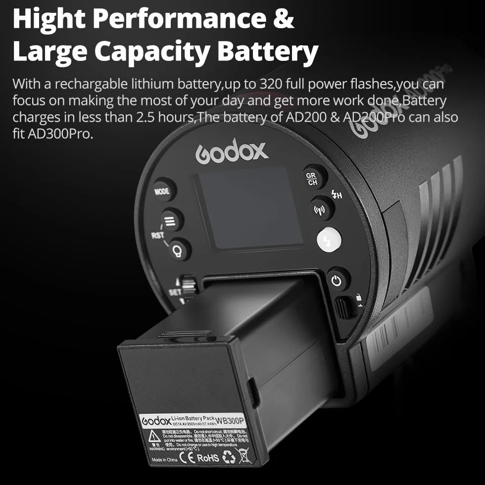 Godox AD300Pro AD300 Pro Mochila con 2 Flashes 300W 2.4G TTL 1/8000 HSS, 0.01-1.5s Tiempo de Reciclaje, 320 Plena Potencia con batería de Litio de 2600 mAh.