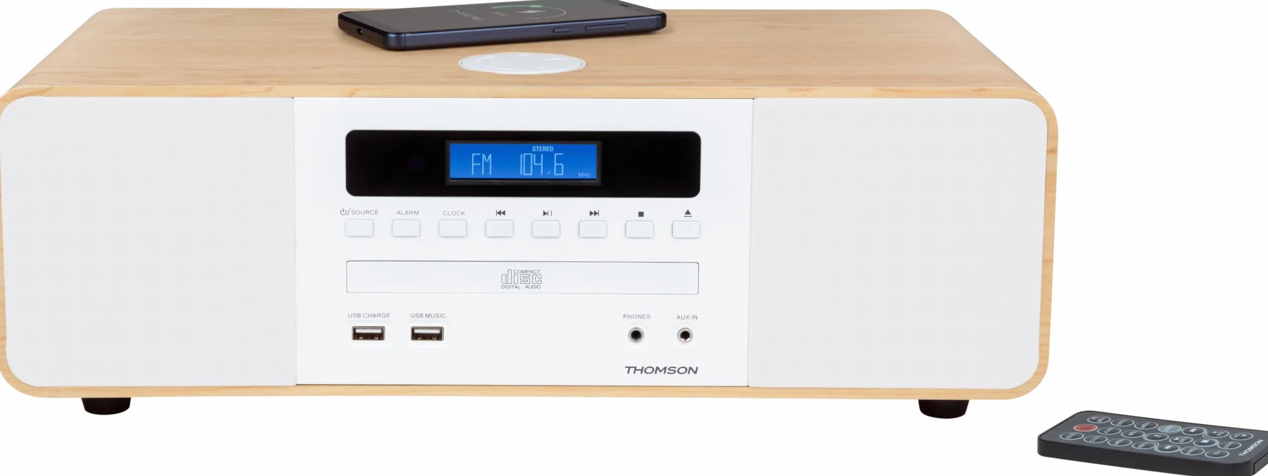Thomson MIC201IBT - Microcadena cd bluetooth, compacta HiFi, cargador por inducción, radio FM, reproductor cd, USB reproductor, puerto de carga USB, toma auricular, AUX-IN, 50W, mando a distancia.