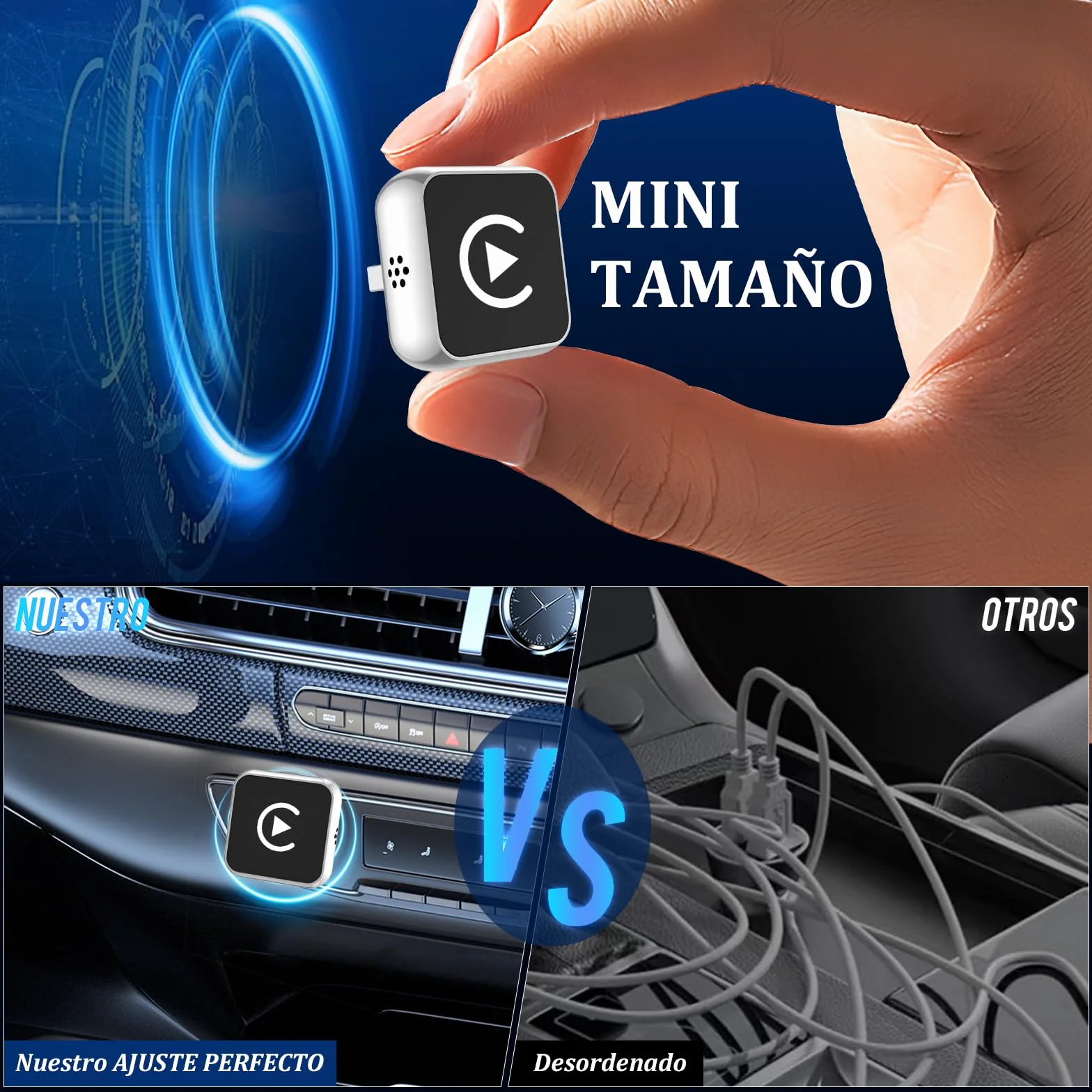 Adaptador Inalámbrico 2 en 1 CarPlay Android Auto USB A/Tipo-C Compatible iPhone 6+ iOS 10+ Android 11+ Plug & Play Acero