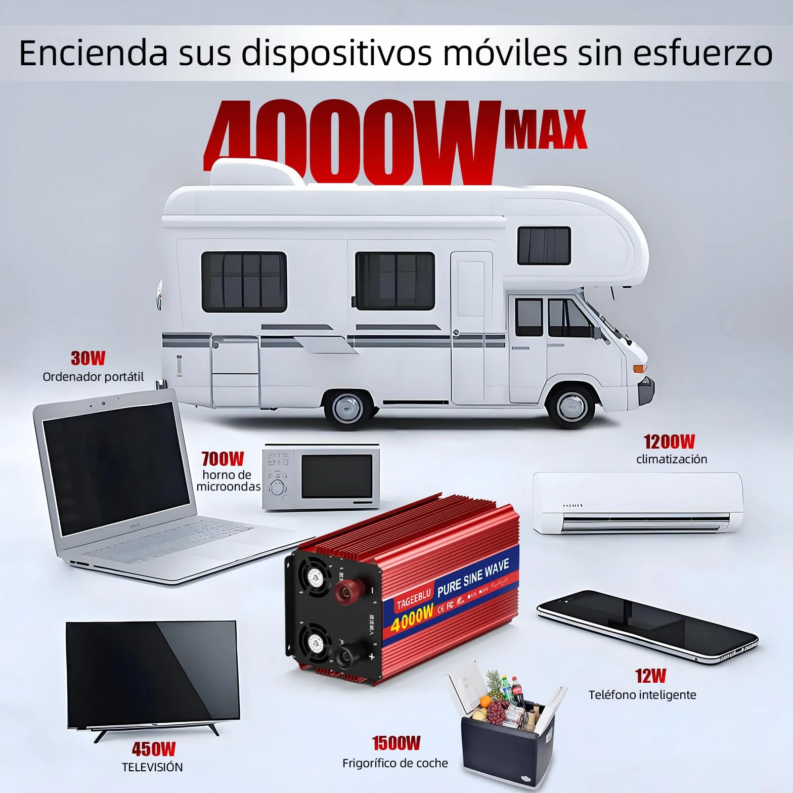 4000W Inversor 24v 220v Onda Pura, Transformador 24v a 220v camion con 2 AC Tomas, Pantalla LCD