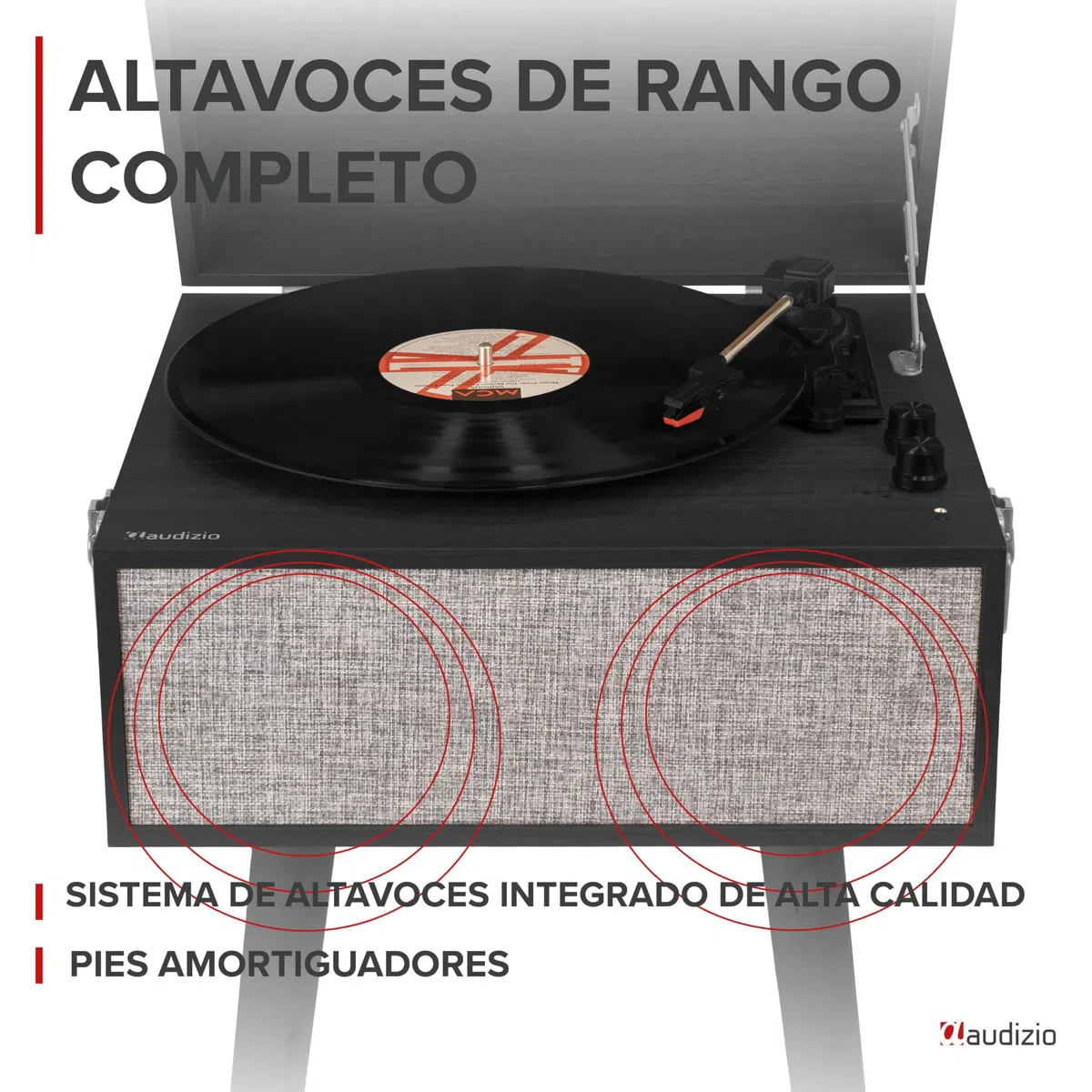 Audizio Fremont - Tocadiscos Retro con Patas de Madera, Bluetooth bidireccional, USB para digitalizar vinilos, Altavoces estéreo, RCA, 3 velocidades, Entrada AUX y Salida de Auriculares Color Negro