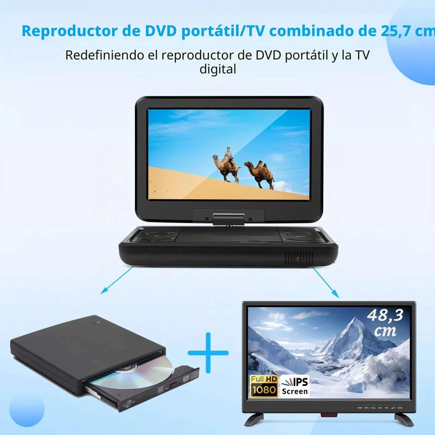 KCR Reproductor de DVD portátil 10.1" con TV DVB-T2 integrada, Pantalla LED giratoria, USB/HDMI/AV, batería recargable