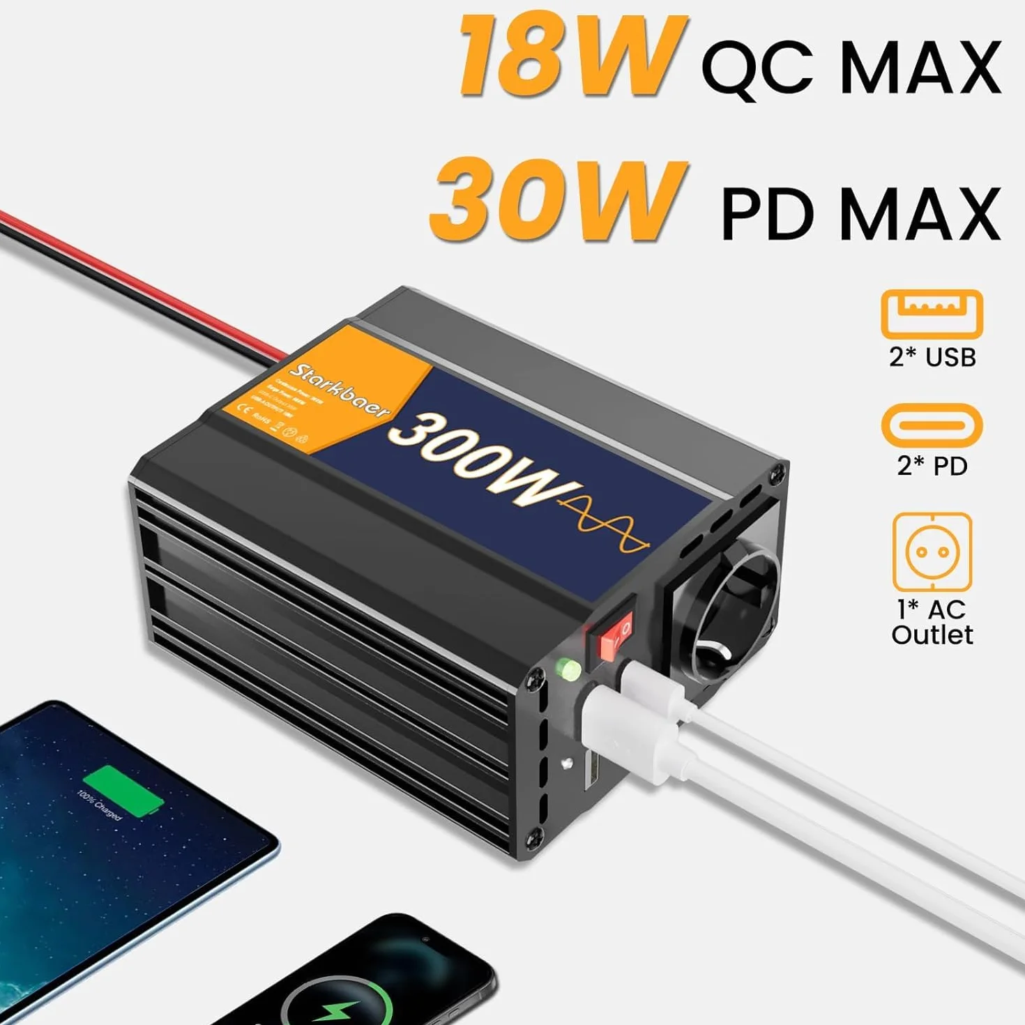 300W/600W Inversor 12V 220V Onda Pura Transformador, Inversor para coche, convertidor de corriente con 4 puertos USB y 1 salida CA. Fuente de alimentación al aire libre, aleación de aluminio