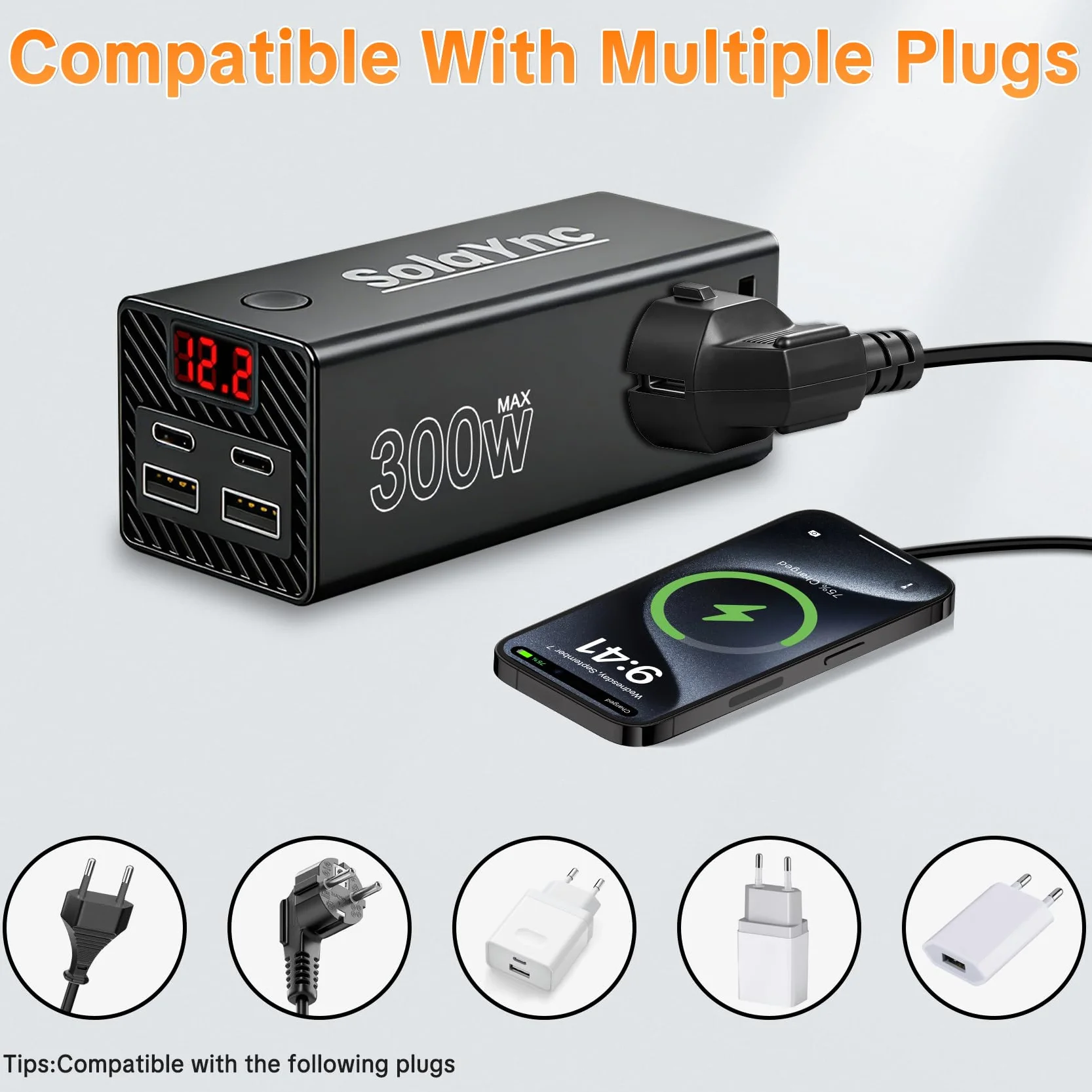 300W Convertidor de tensión para vehículos de 12 V/24 V a 230 V, con enchufes internacionales y Pantalla LED, 2 Puertos USB-A y 2 Puertos USB-C, Apto para Coches, Barcos y caravanas.