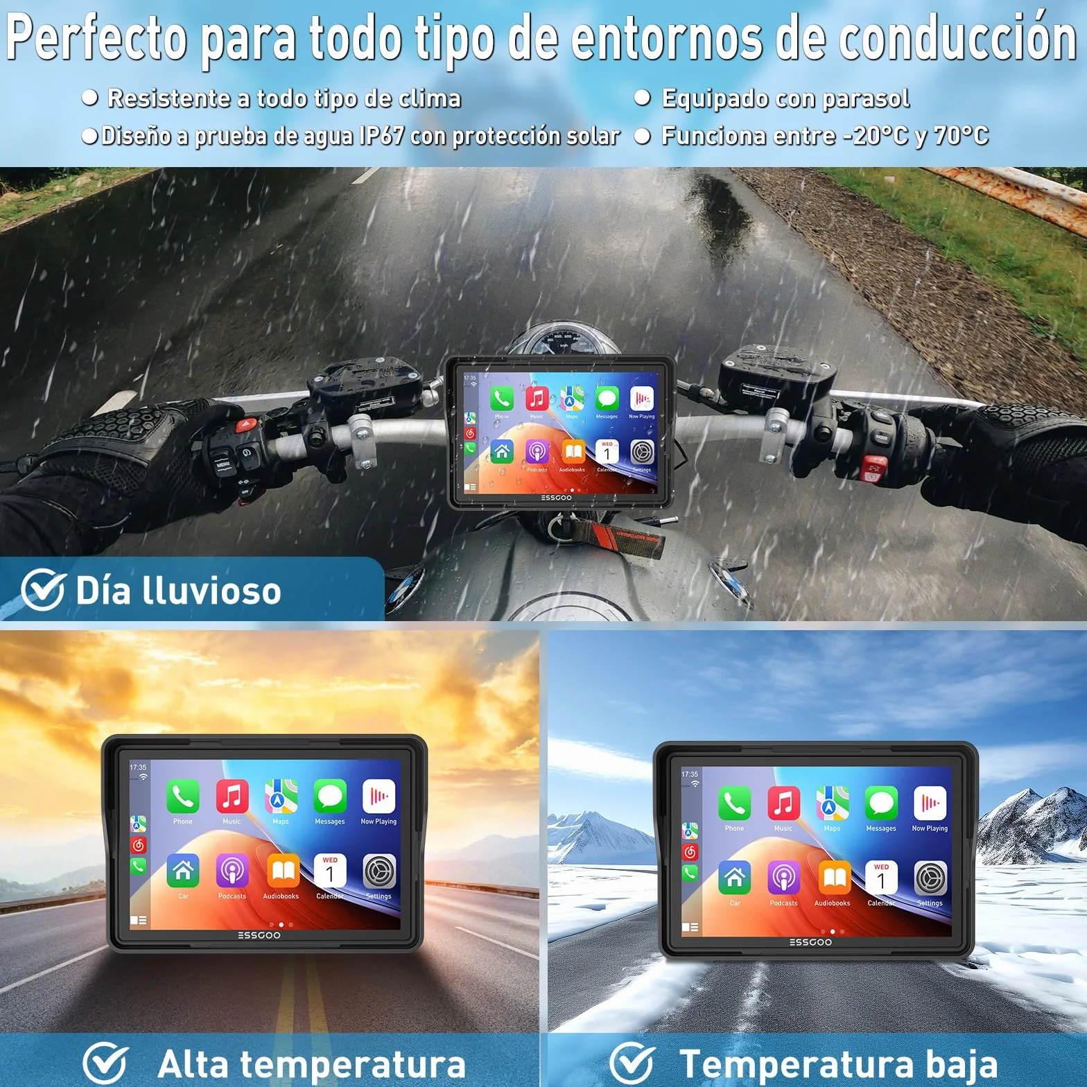 ESSGOO CarPlay para la mayoría de Las Motocicletas, con Soporte en U, inalámbrico CarPlay/Android Auto, Pantalla de 5" Impermeable, Audio Bluetooth, navegación GPS, Siri/G-oogle Asistente