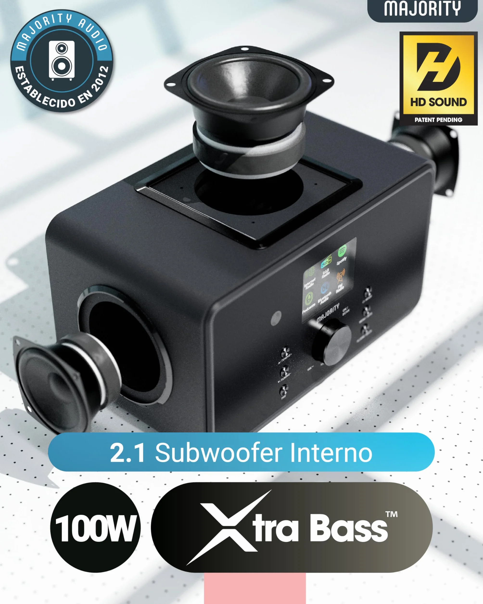 MAJORITY Bard Radio Internet con Dab+ | 2.1 100W Estéreo con Subwoofer Incorporado | Radio WiFi con Bluetooth & Despertador | Spotify Connect, Podcasts, FM, 90 Preajustes | Mando a Distancia (Negro)
