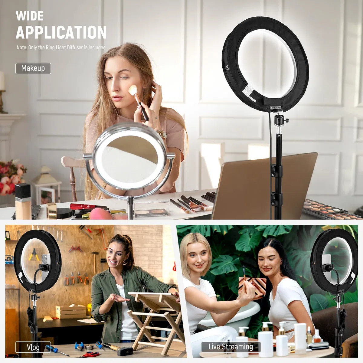 NEEWER Difusor de Anillo Luz Solo para 12" RH12B RH12C Anillo de Luz, Softbox de Luz de Video Elástico Sock para Luz Suave y Uniforme, Sin Fugas de Luz, Paño Blanco para Transmisión/Grabación, NS008