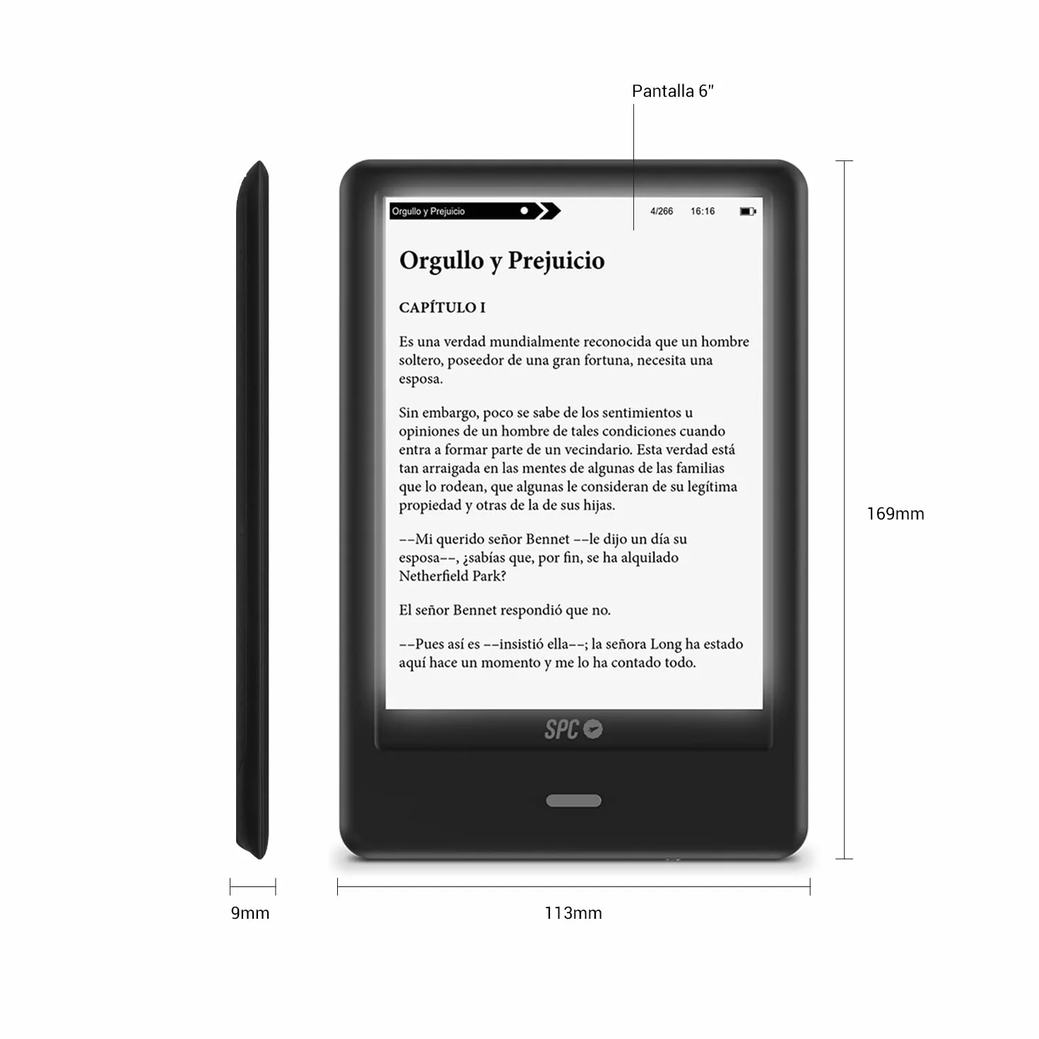 SPC Dickens Light Pro – Libro electrónico con Pantalla táctil y luz Regulable, Negro
