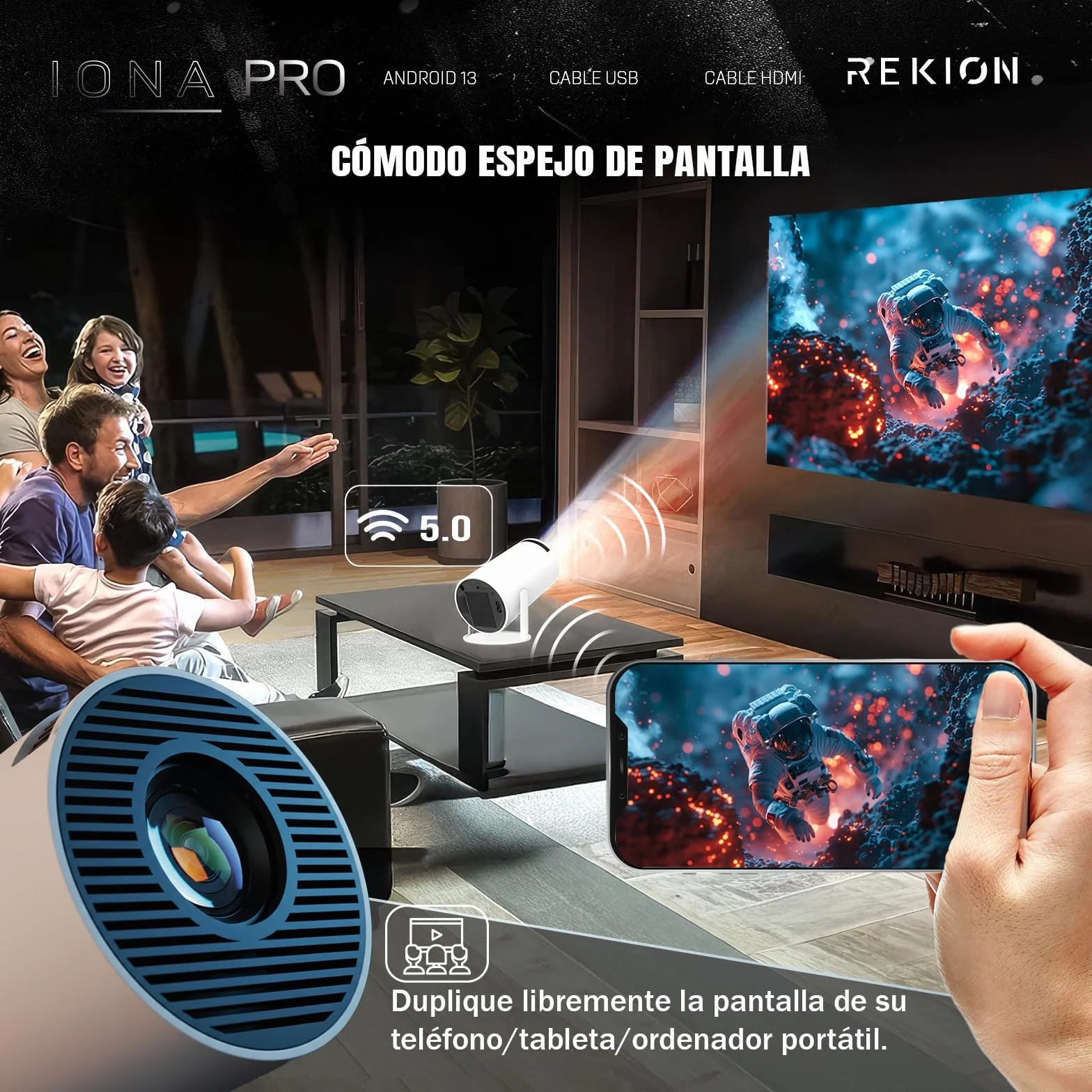REKION® [Apps INTEGRADAS] Super Pack Mundial Proyector Portatil HY.300 4K + Pantalla 60 Pulgadas | HDMI Incluido + 1080P Full HD 250 ANSI 9000 Lúmenes | WiFi 6 Bluetooth 5.0 | Android 13 | 180°