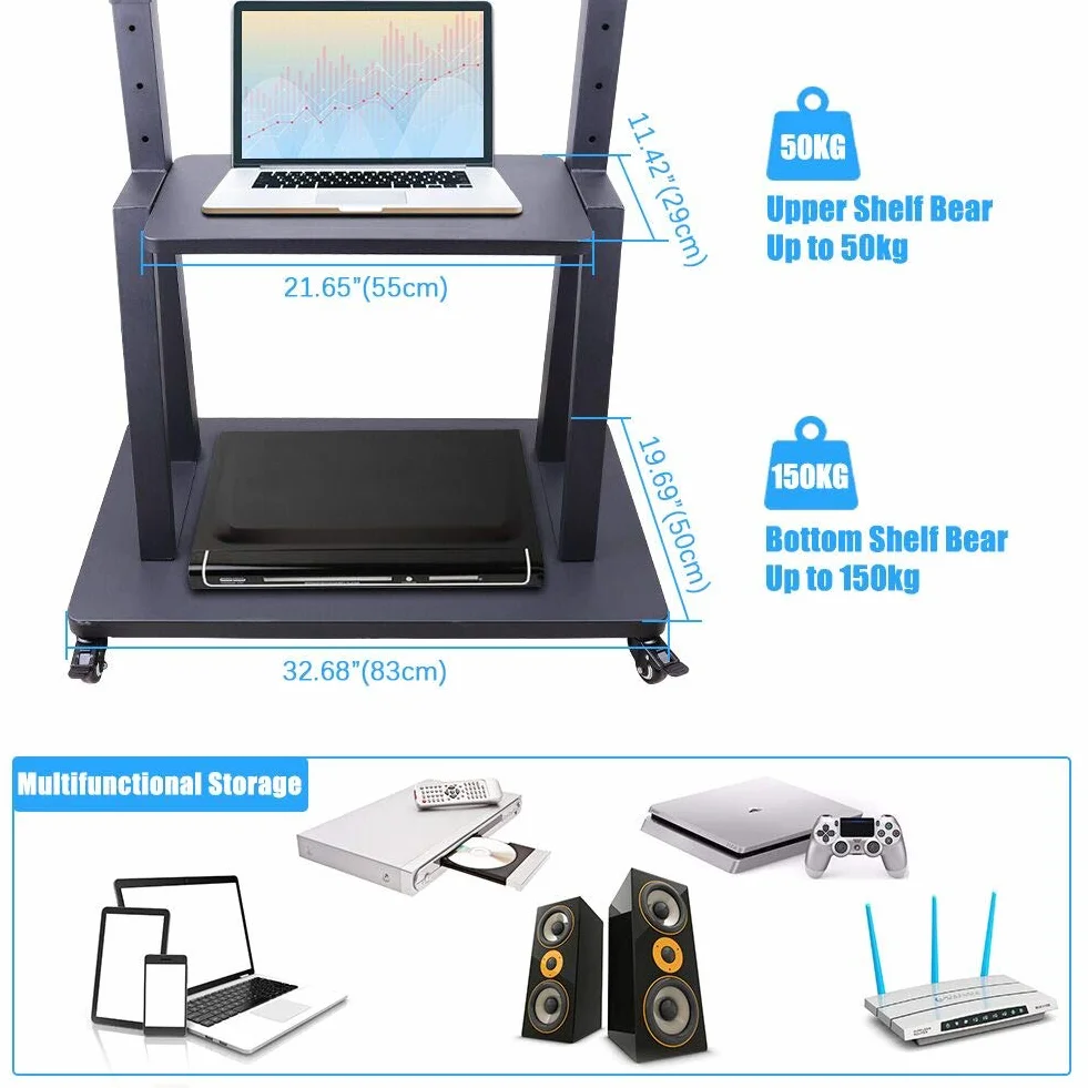 UNHO Soporte TV con Ruedas para 32-100 Pulgadas, Soporte TV Suelo Pie para Pantalla LED LCD Carrito TV Grande Comercial Móvil con 2 Estantes de Altura Ajustable Carga Máx 80kg VESA 800x600 (L)