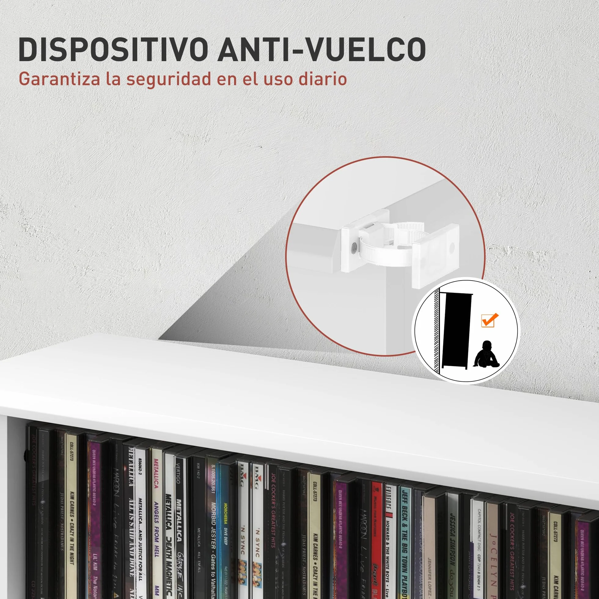 HOMCOM Estantería para CDs y DVDs Soportes para CD Estrechos con 8 Compartimentos Estantes Ajustables para Salón Oficina 58x24x126,3 cm Blanco
