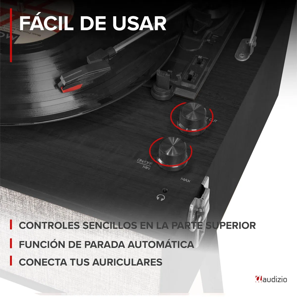 Audizio Fremont - Tocadiscos Retro con Patas de Madera, Bluetooth bidireccional, USB para digitalizar vinilos, Altavoces estéreo, RCA, 3 velocidades, Entrada AUX y Salida de Auriculares Color Negro